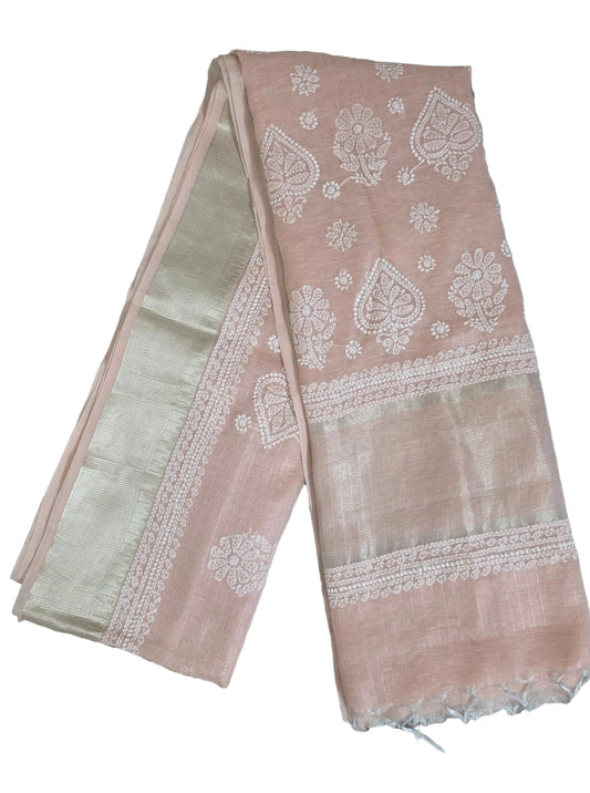 Original Chikankari Hand Work Tissue Kota Peach saree with Gold Border