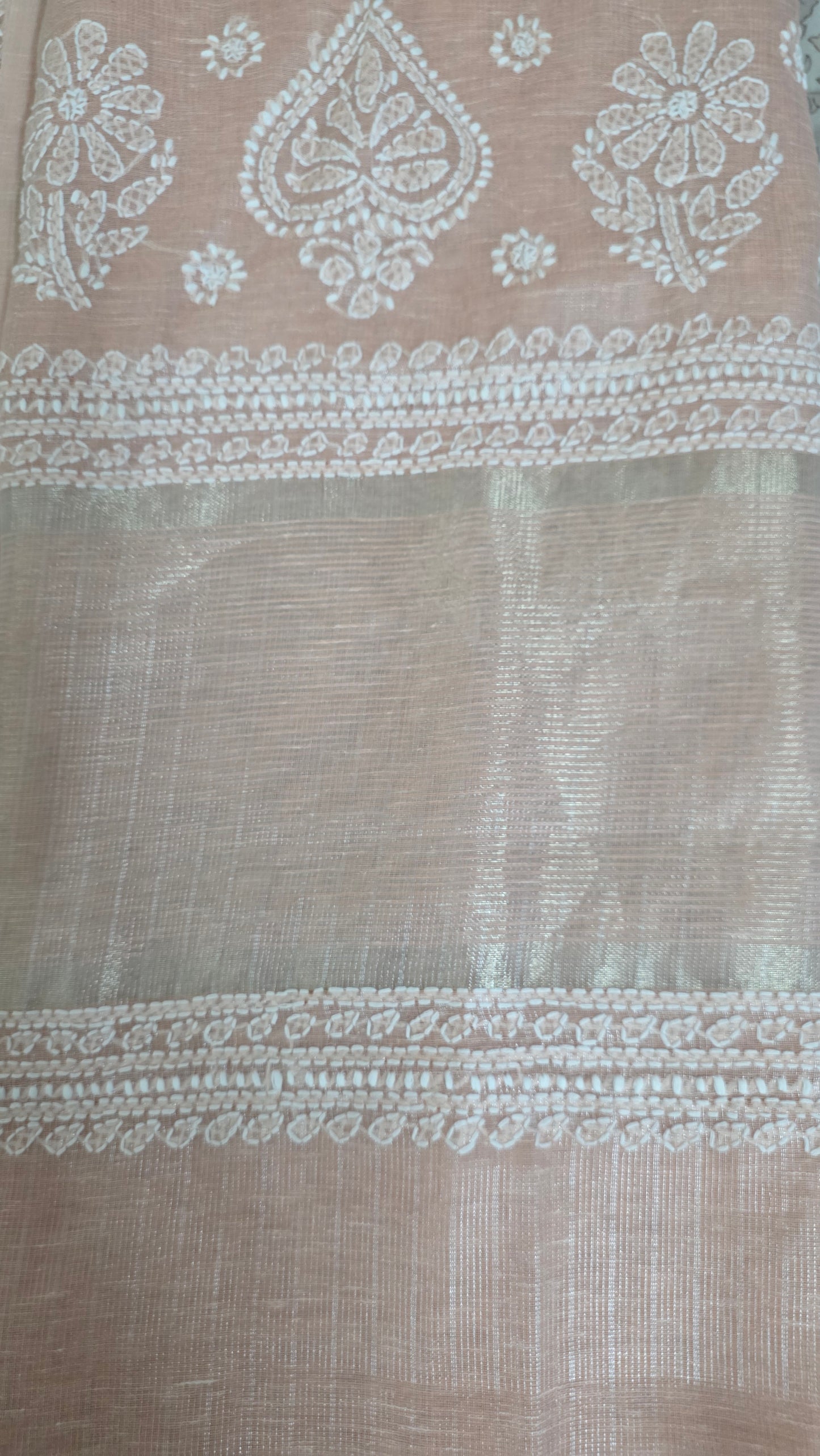 Original Chikankari Hand Work Tissue Kota Peach saree with Gold Border