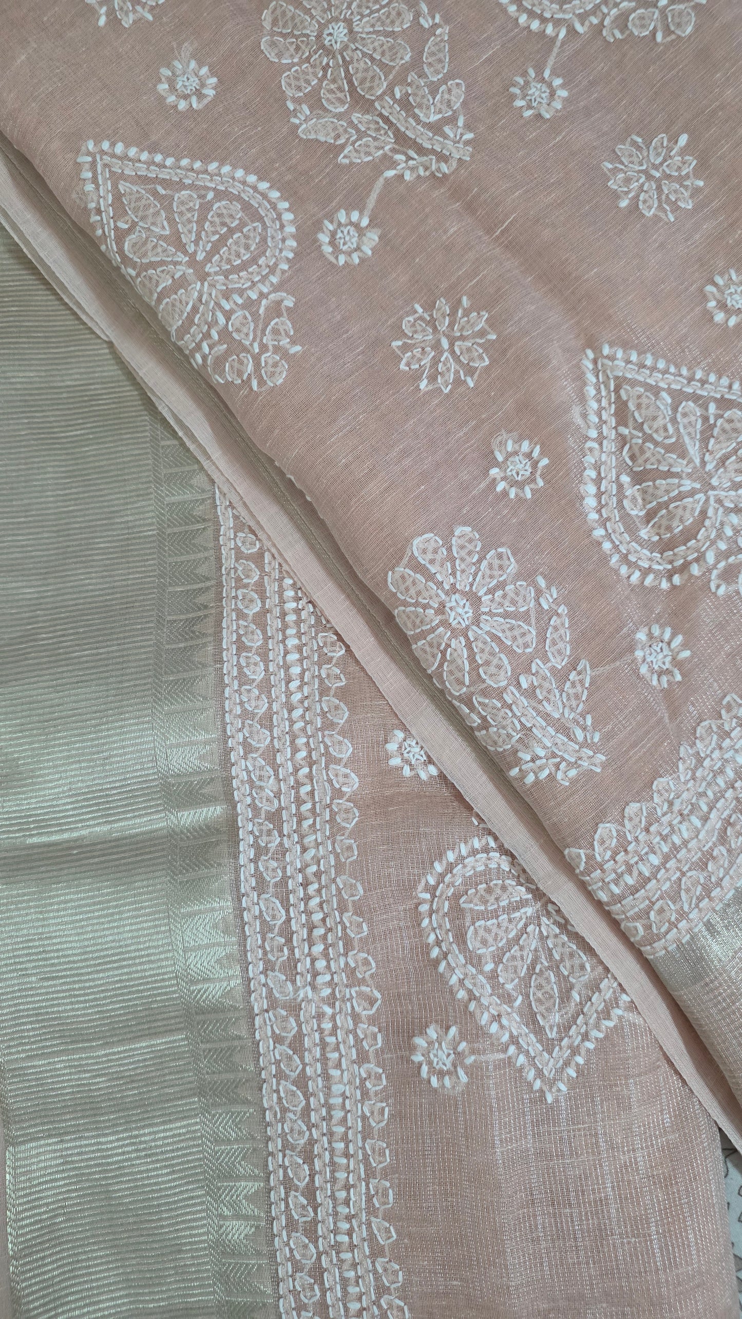 Original Chikankari Hand Work Tissue Kota Peach saree with Gold Border