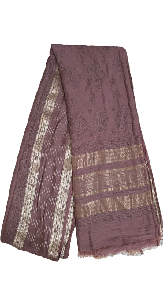 Chikankari Hand Work Mul Chanderi Chocolate Brown Saree
