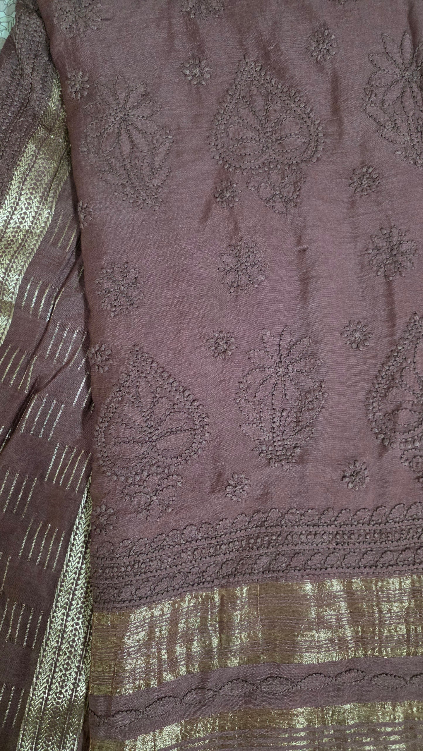 Chikankari Hand Work Mul Chanderi Chocolate Brown Saree