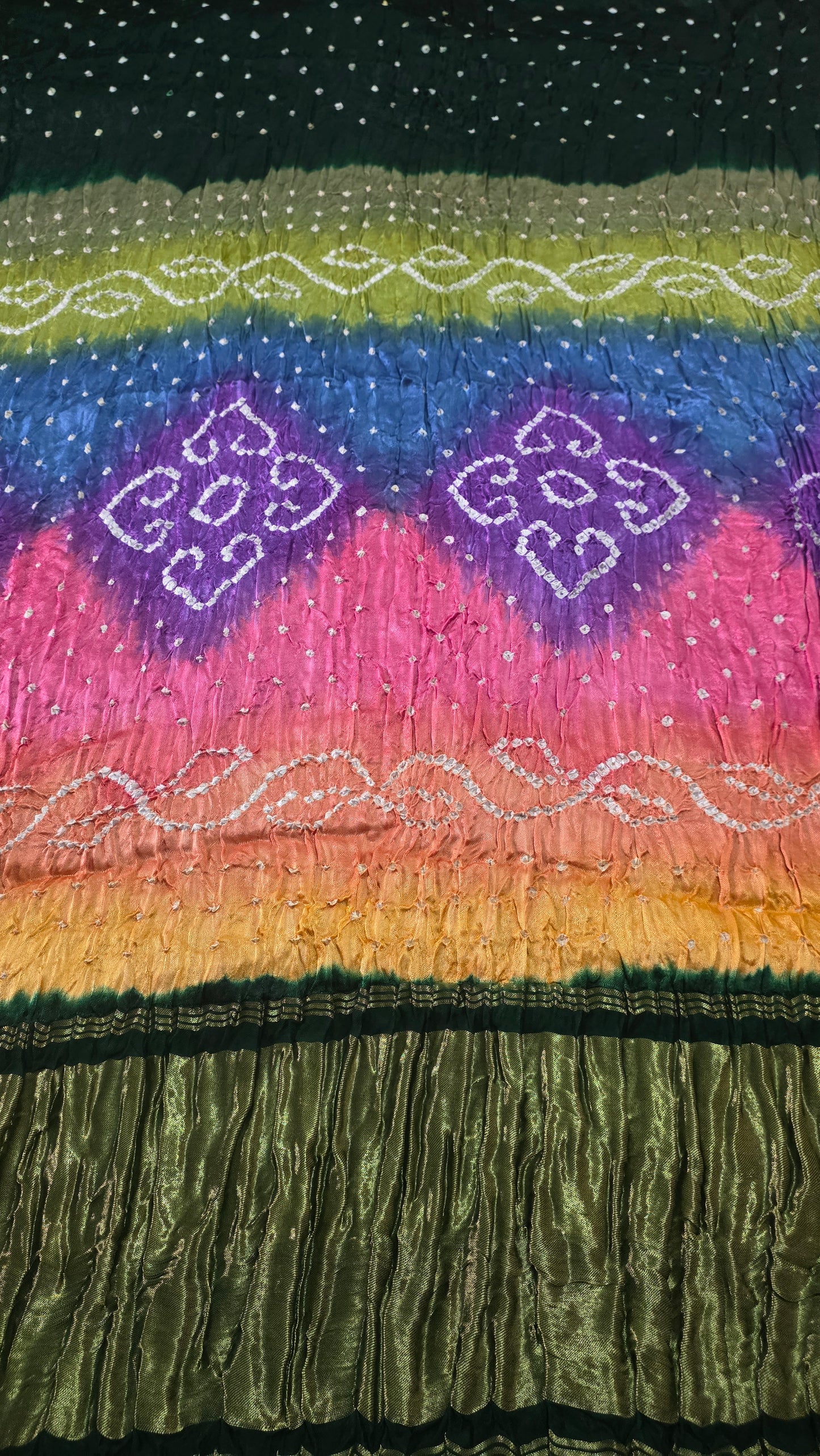 Multi Rainbow Palla Bottle Green Gajji Modal Bandhej Bandhani saree