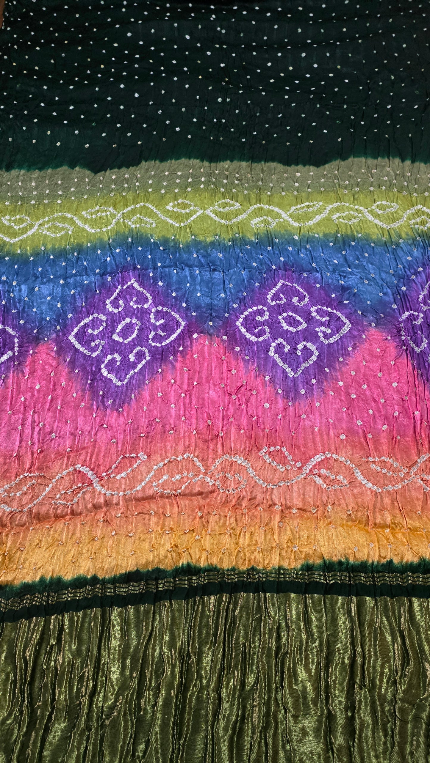 Multi Rainbow Palla Bottle Green Gajji Modal Bandhej Bandhani saree