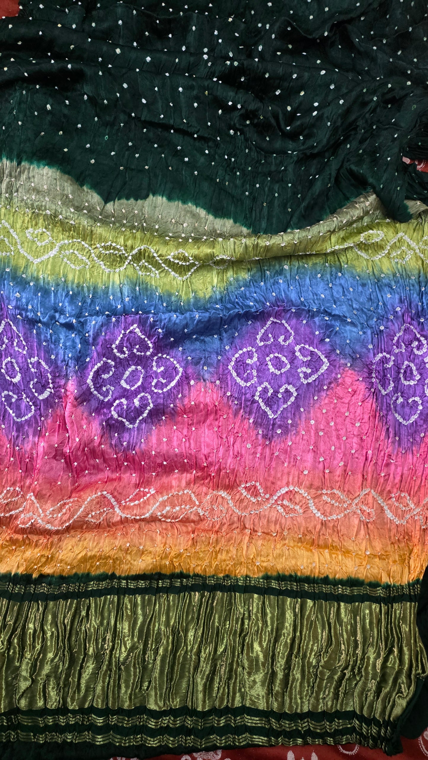 Multi Rainbow Palla Bottle Green Gajji Modal Bandhej Bandhani saree