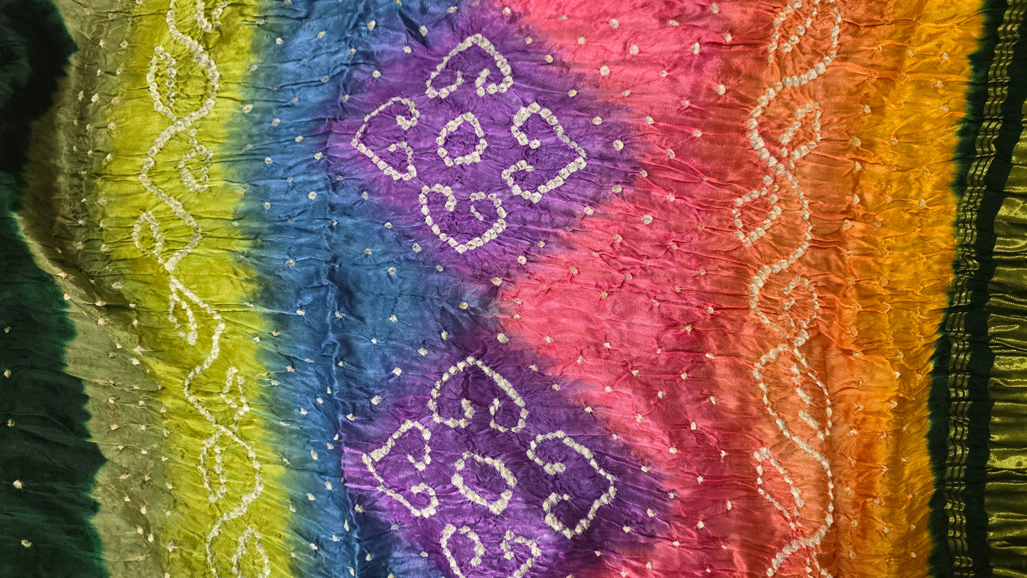 Multi Rainbow Palla Bottle Green Gajji Modal Bandhej Bandhani saree