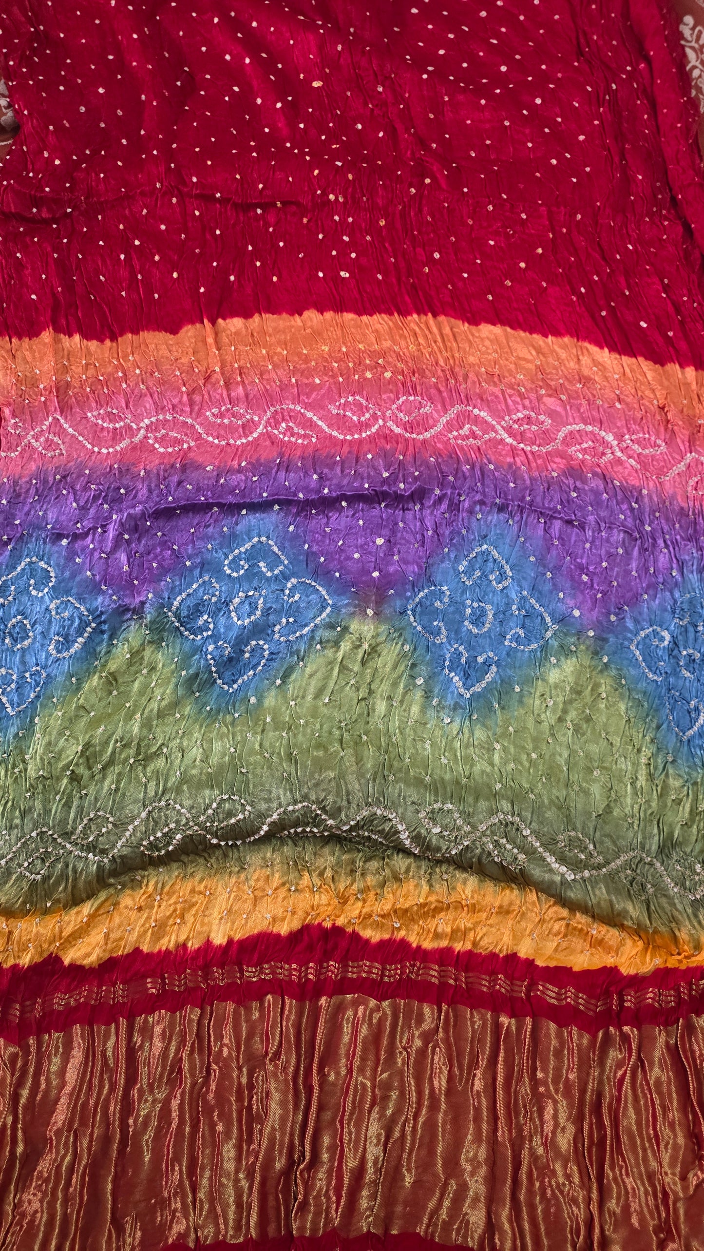 Multi Rainbow Palla Red Gajji Modal Bandhej Bandhani saree