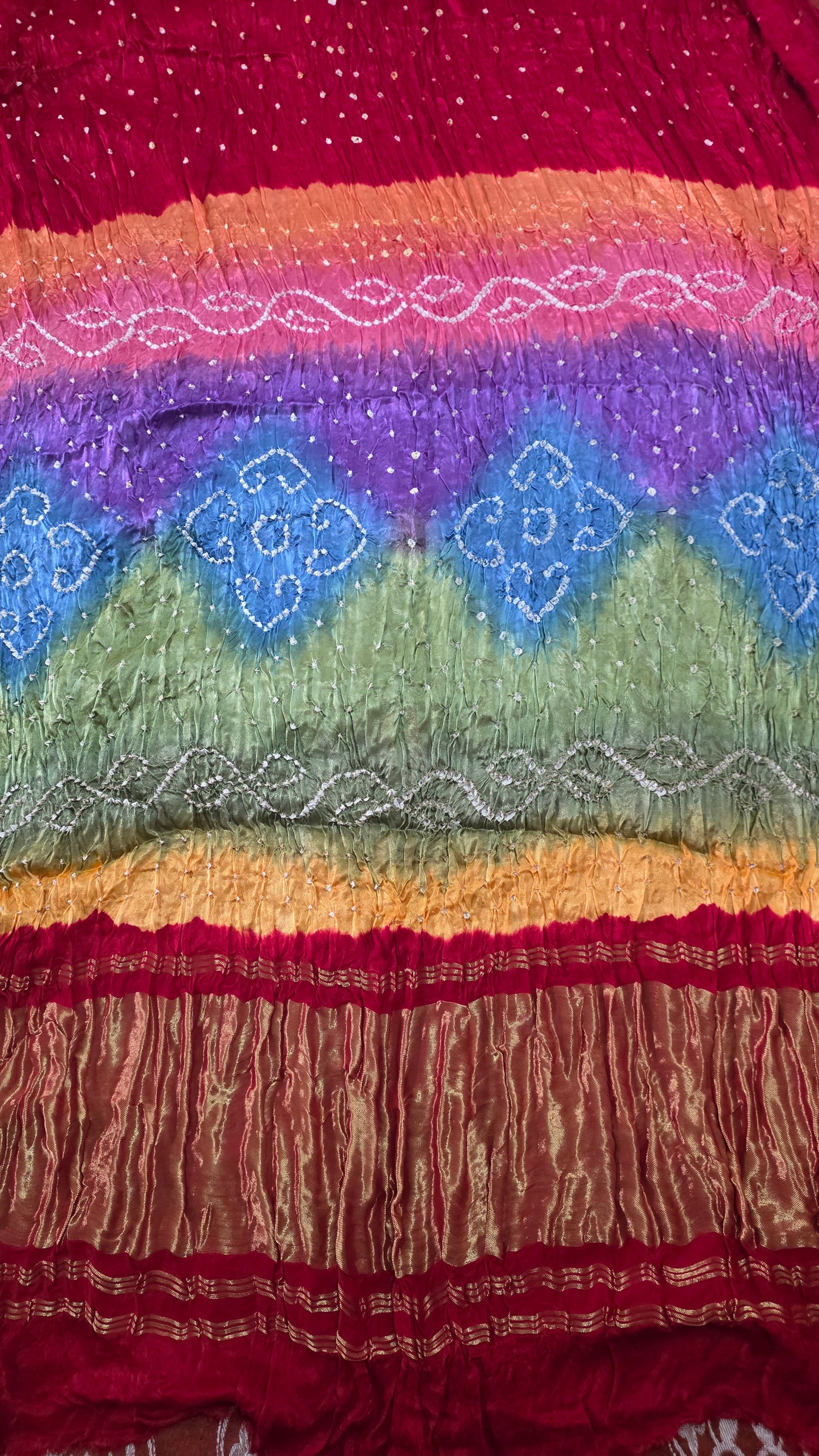 Multi Rainbow Palla Red Gajji Modal Bandhej Bandhani saree