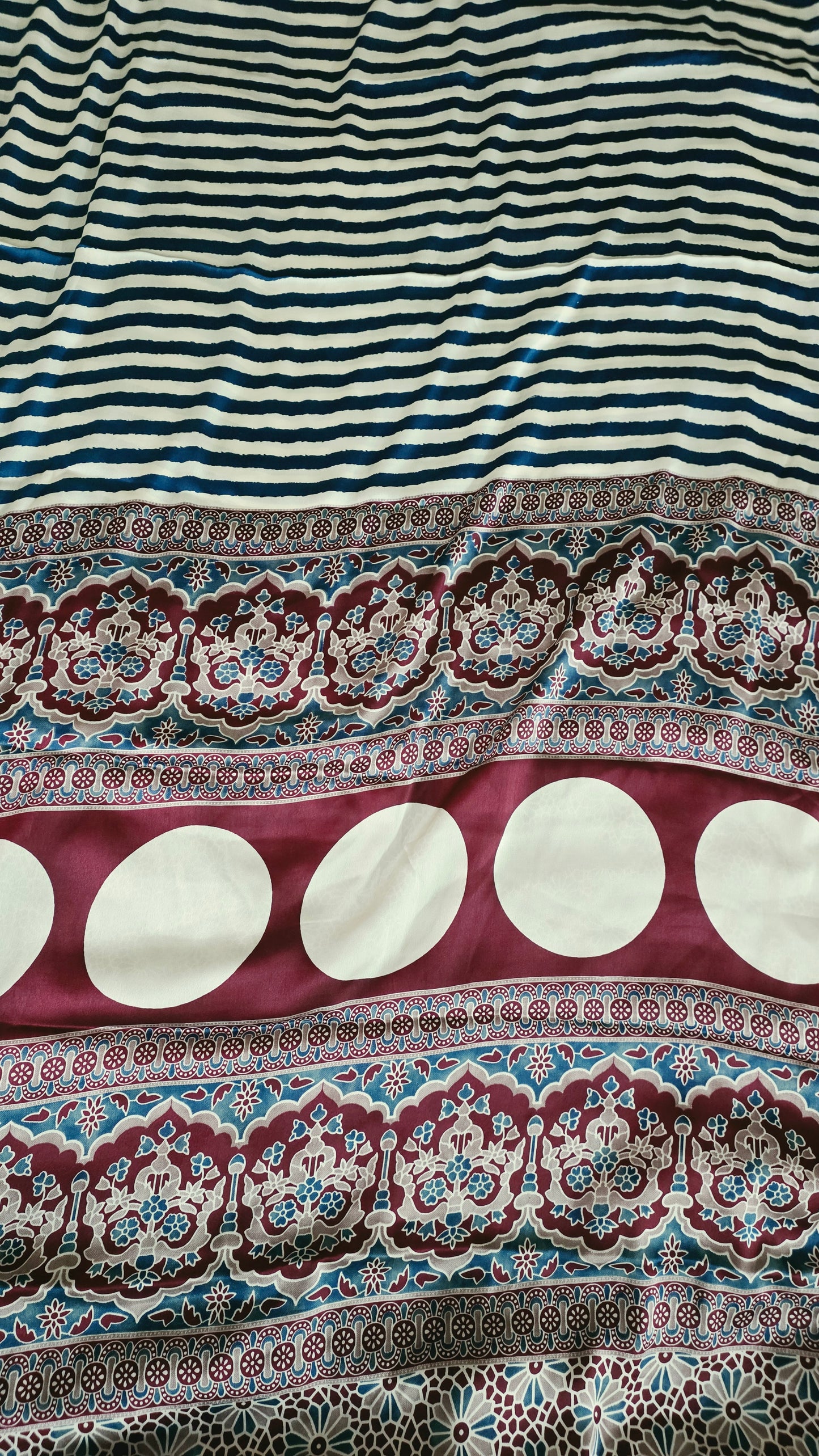 Cream Blue Striped screen printed satin Modal saree with Ajrakh print