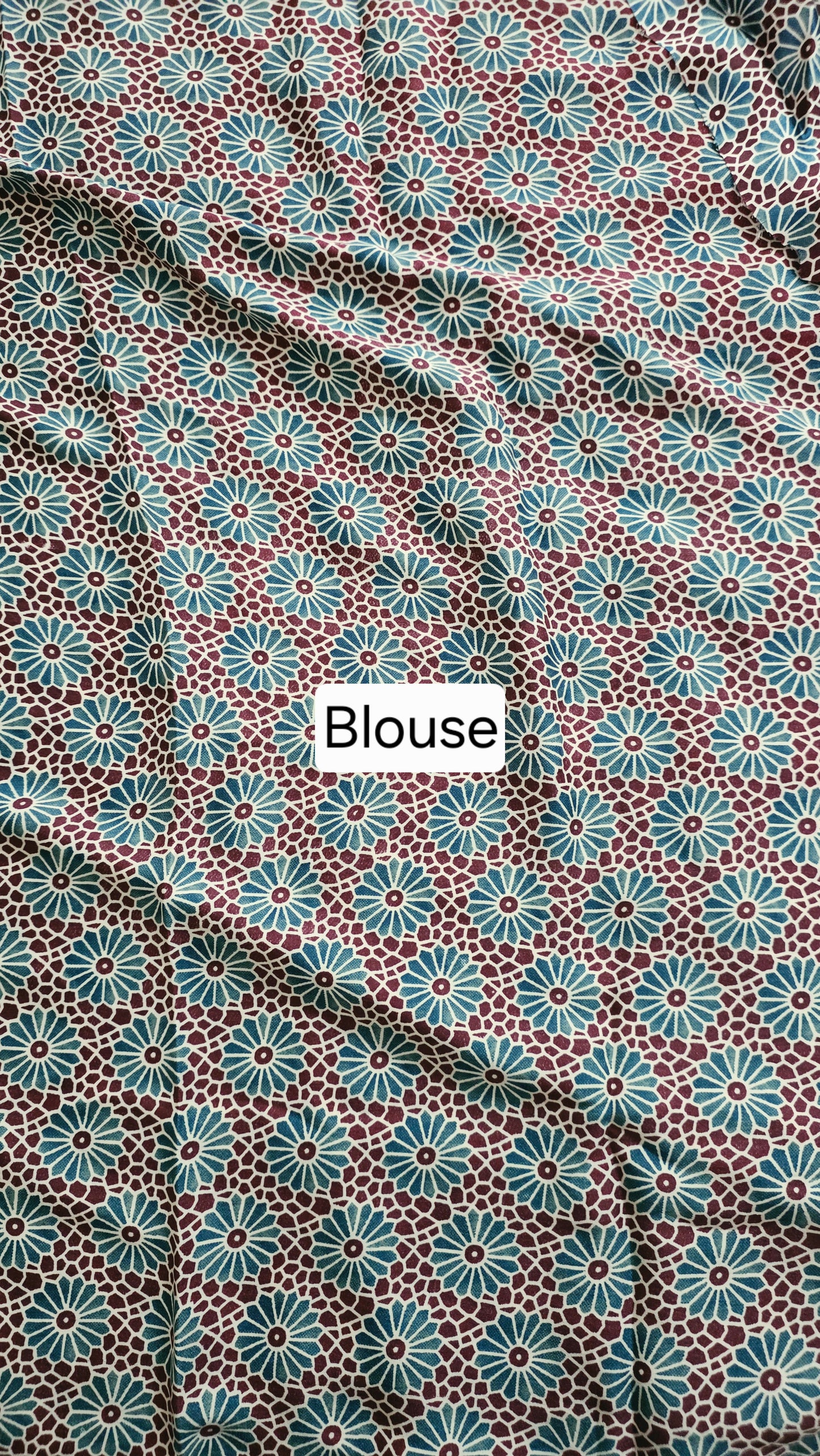 Cream Blue Striped screen printed satin Modal saree with Ajrakh print