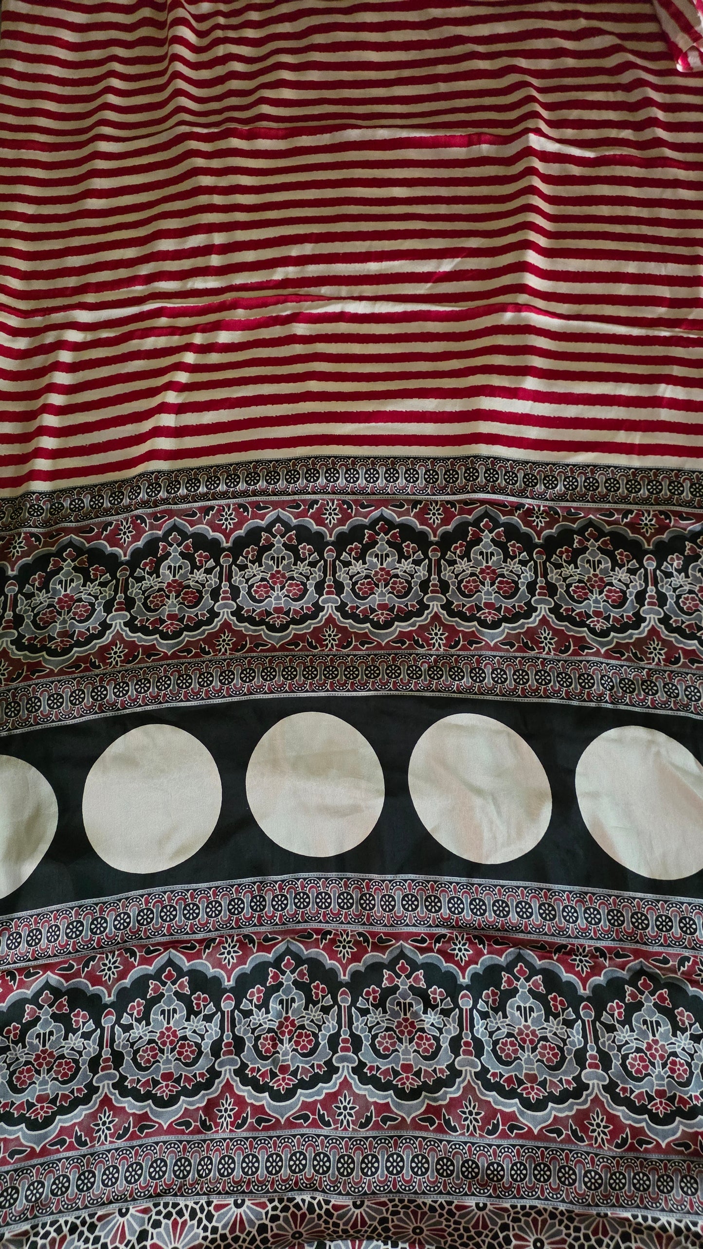 Cream Red Striped screen printed satin Modal saree with Ajrakh print