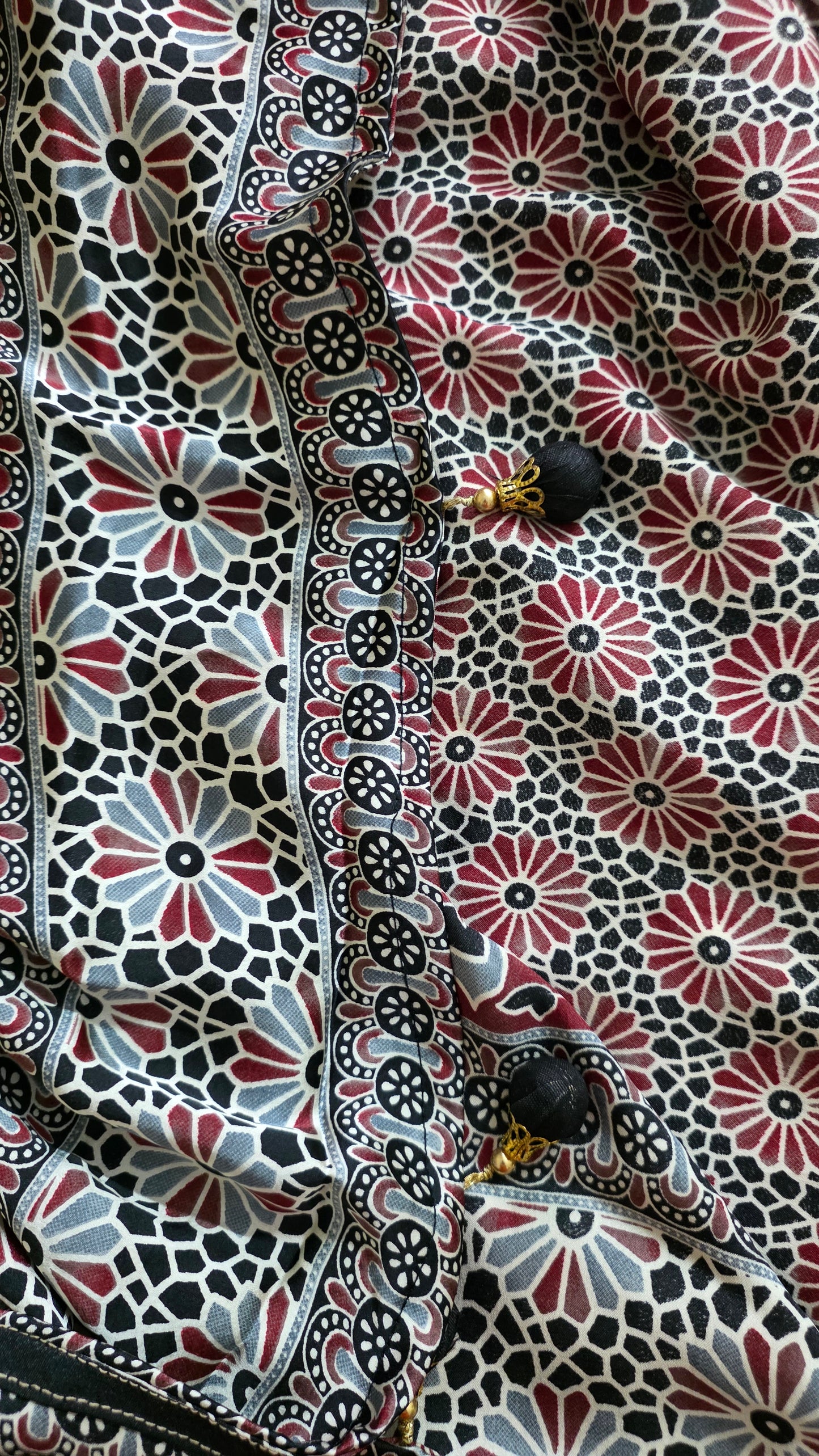 Cream Red Striped screen printed satin Modal saree with Ajrakh print