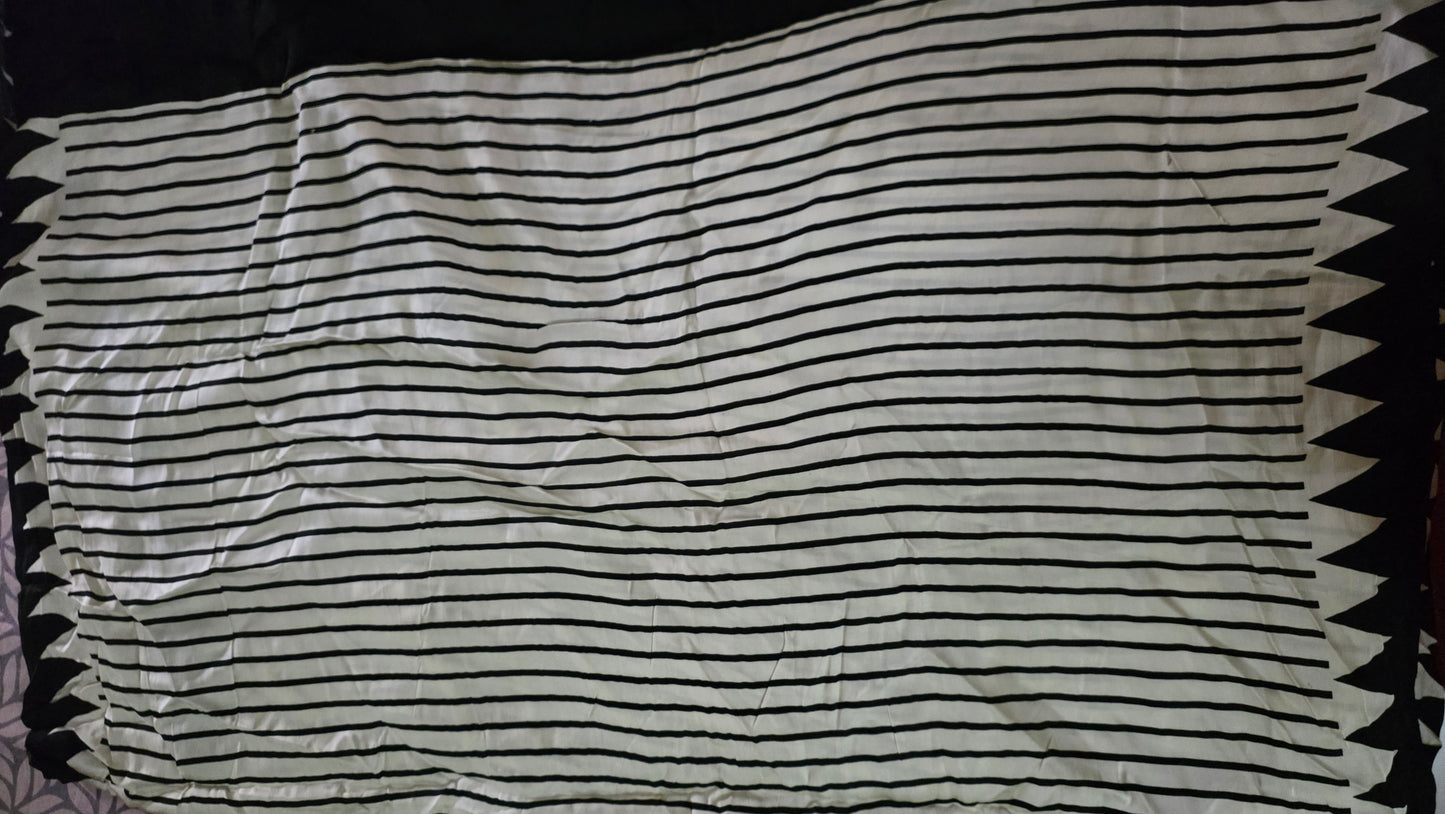 Offwhite Black Striped screen printed Modal Silk Saree