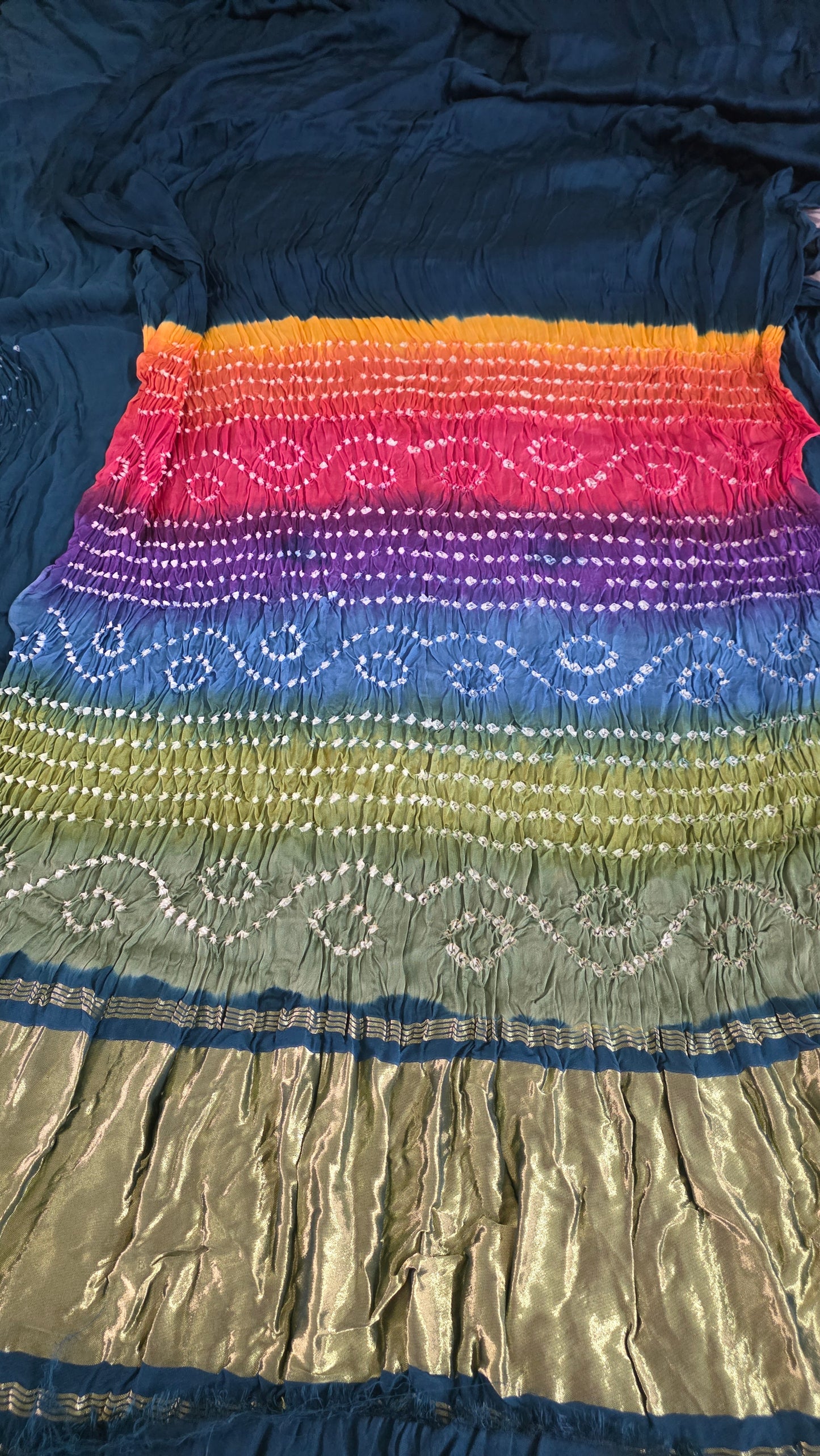 Multi Rainbow Palla Teal Blue Solid plain Gajji Modal Bandhej Bandhani saree