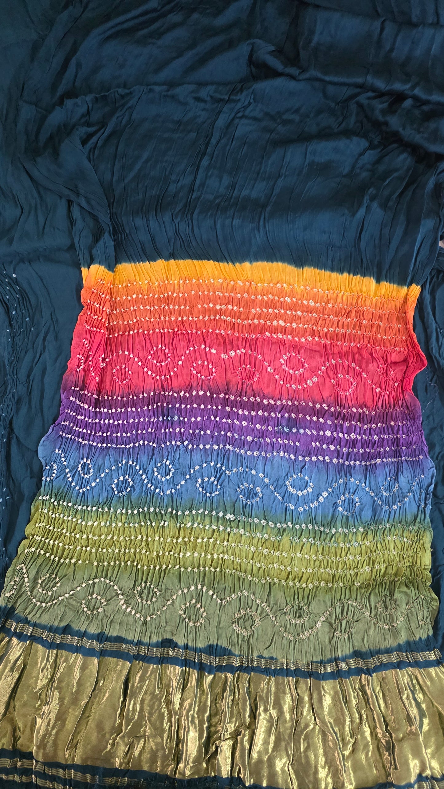 Multi Rainbow Palla Teal Blue Solid plain Gajji Modal Bandhej Bandhani saree