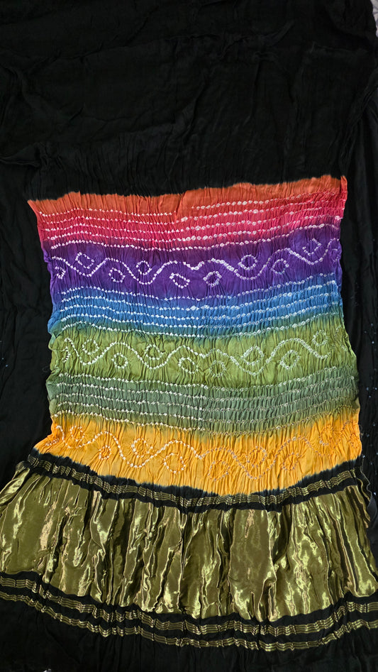 Multi Rainbow Palla Black Solid plain Gajji Modal Bandhej Bandhani saree