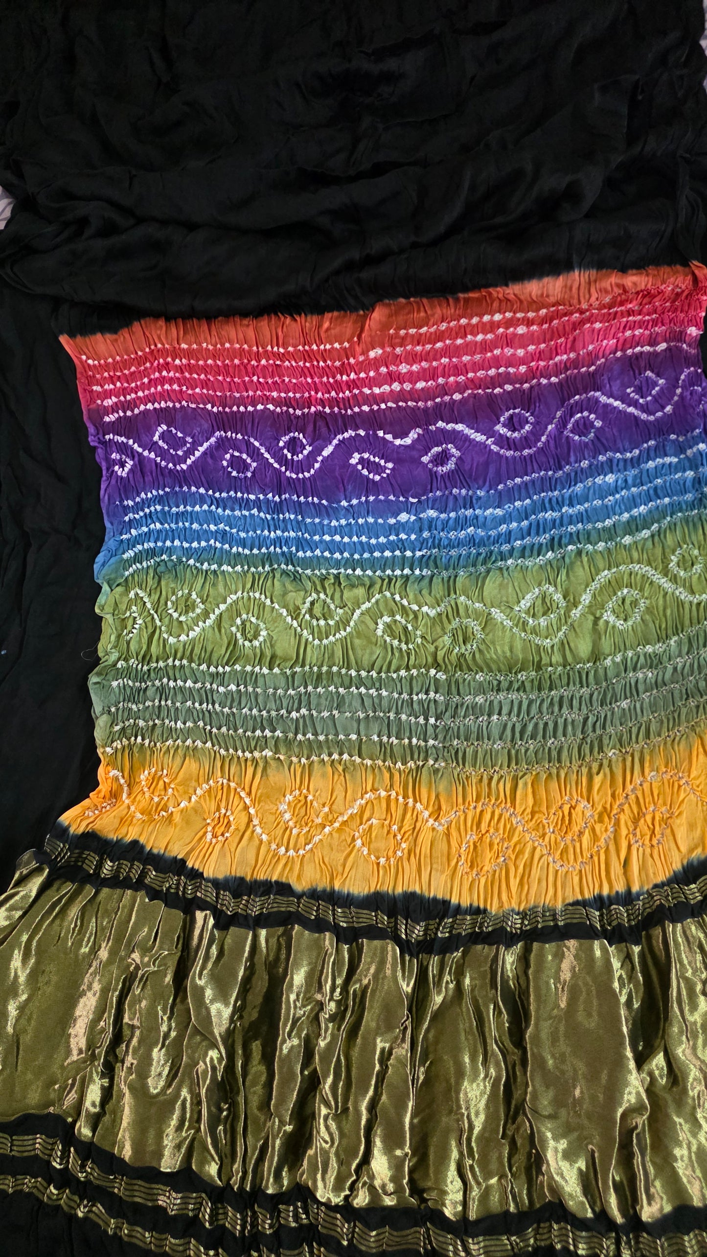 Multi Rainbow Palla Black Solid plain Gajji Modal Bandhej Bandhani saree