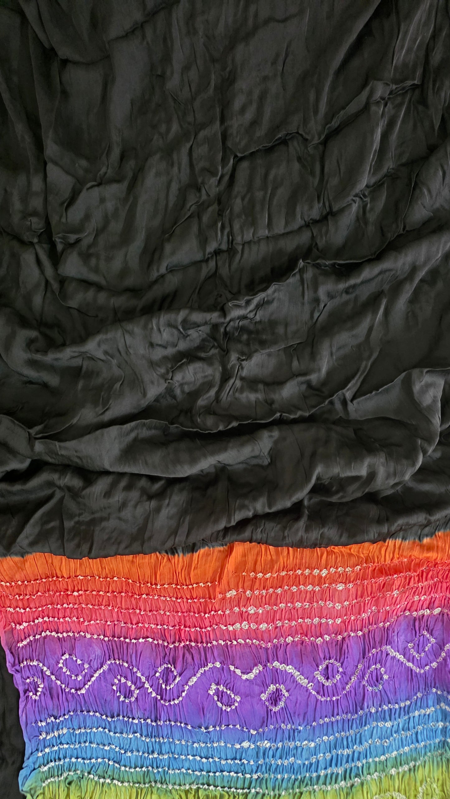 Multi Rainbow Palla Black Solid plain Gajji Modal Bandhej Bandhani saree