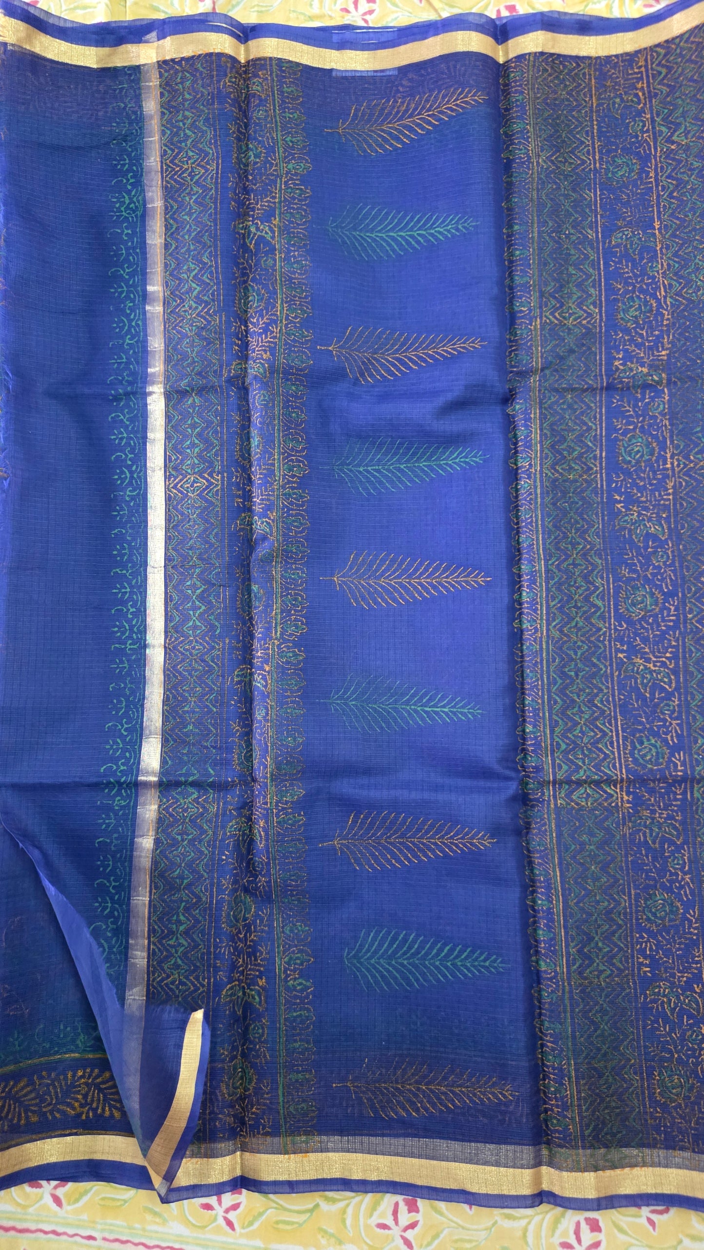 Designer Blue Gold Border Kota Cotton Printed Saree KCS70