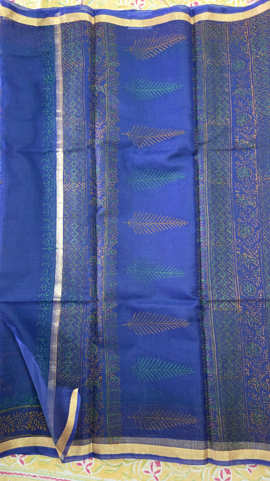 Designer Blue Gold Border Kota Cotton Printed Saree KCS70