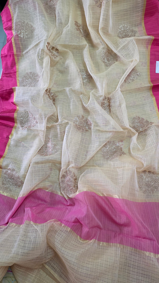 Designer Beige Kota Cotton Embroidered Saree KCS103
