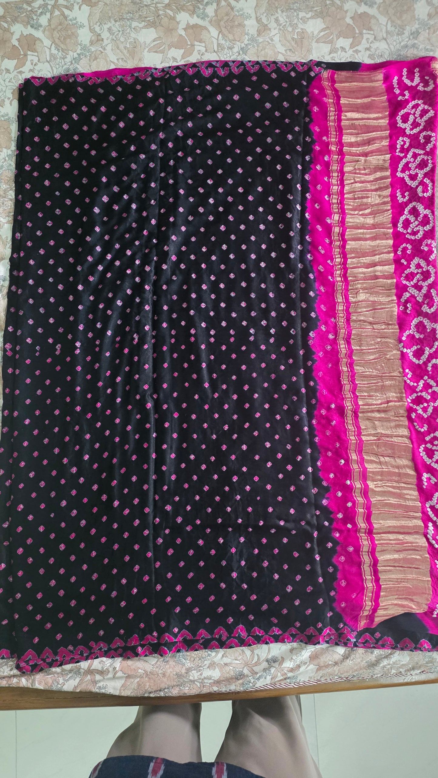 Pure Gajji Silk Black saree with Bandhej Badhani Gharchola work