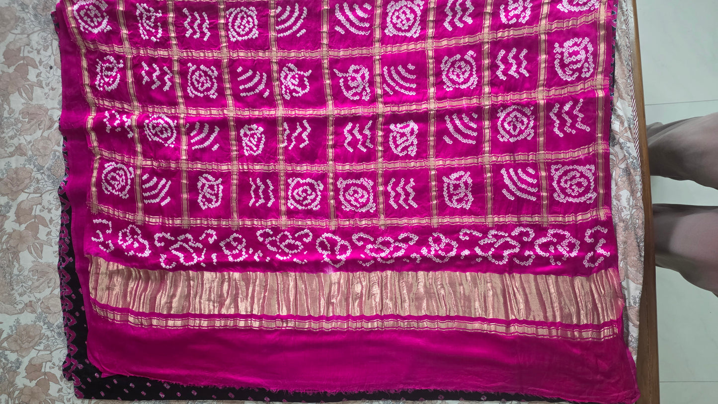 Pure Gajji Silk Black saree with Bandhej Badhani Gharchola work