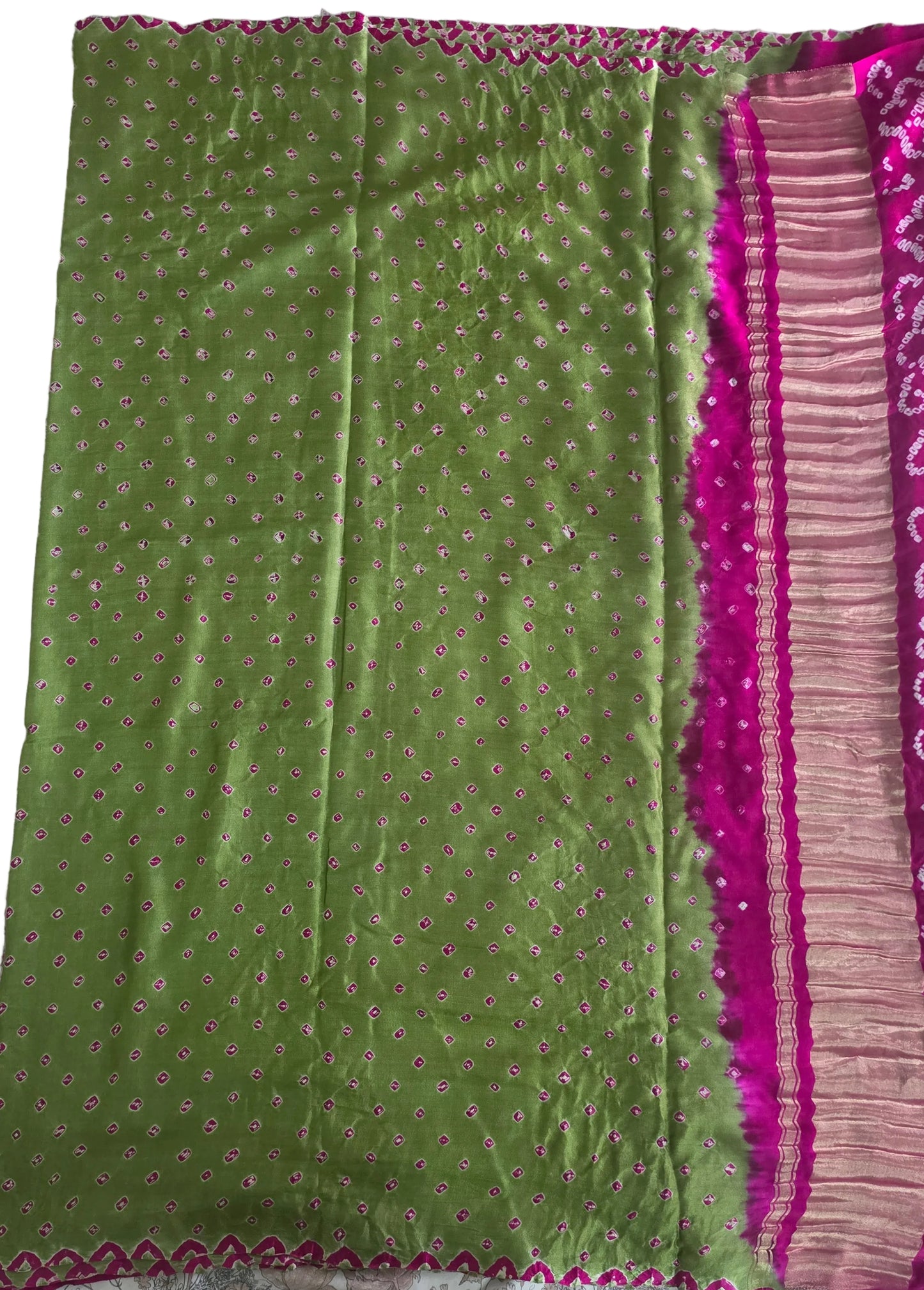 Pure Gajji Silk Olive Green saree with Bandhej Badhani Gharchola work