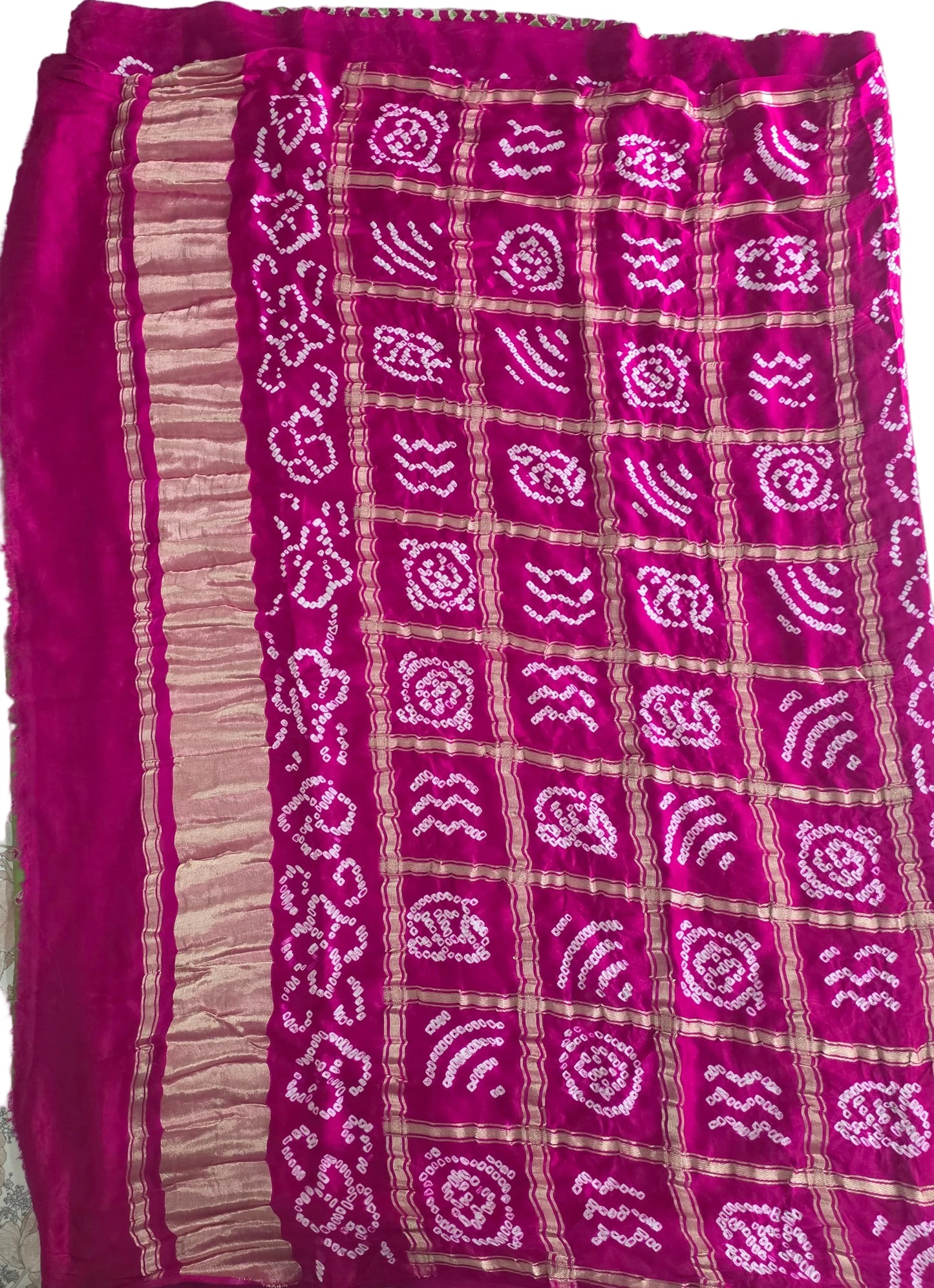 Pure Gajji Silk Olive Green saree with Bandhej Badhani Gharchola work