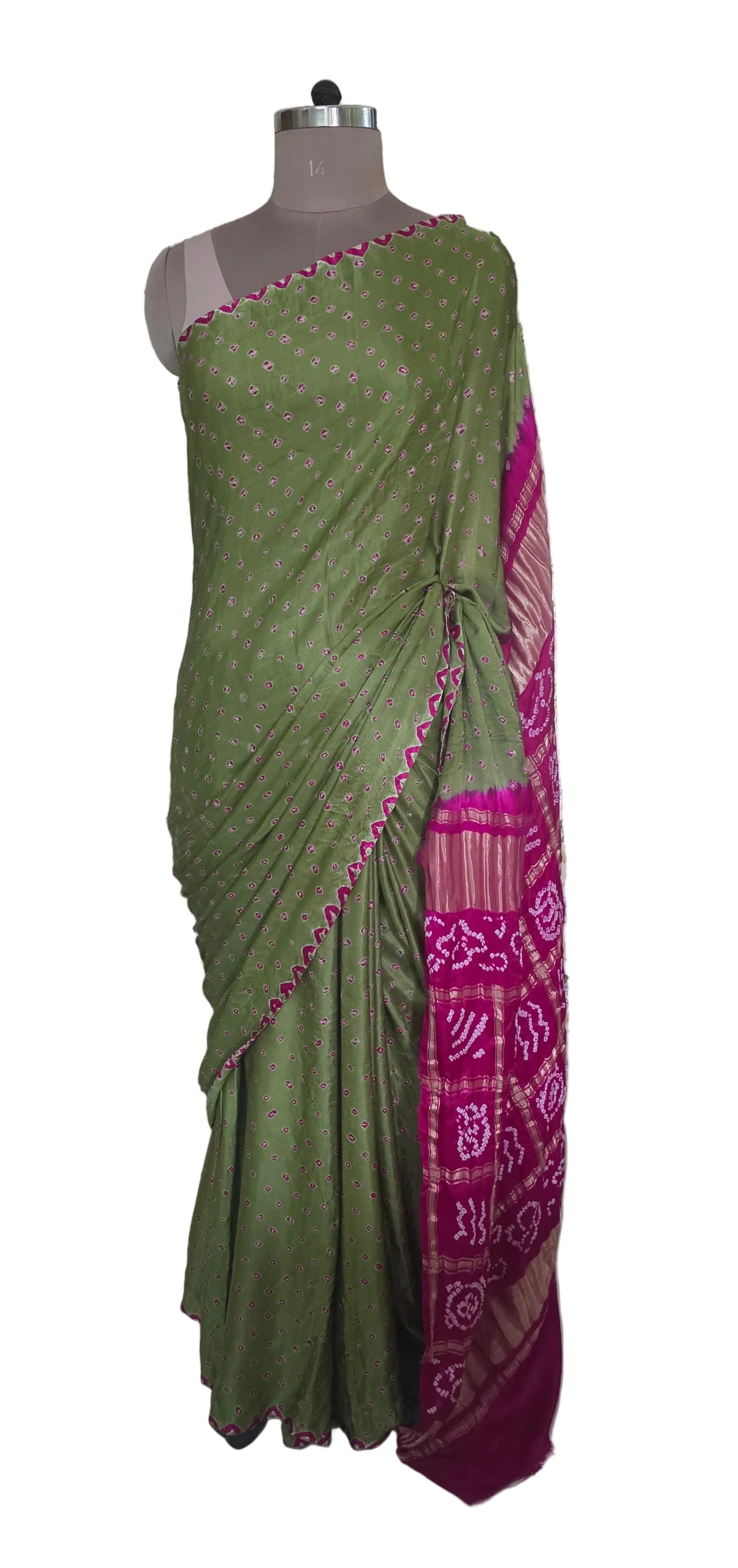 Pure Gajji Silk Olive Green saree with Bandhej Badhani Gharchola work