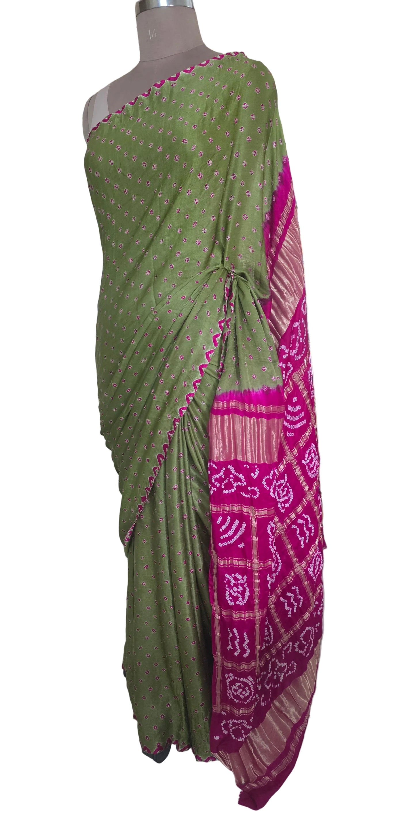 Pure Gajji Silk Olive Green saree with Bandhej Badhani Gharchola work