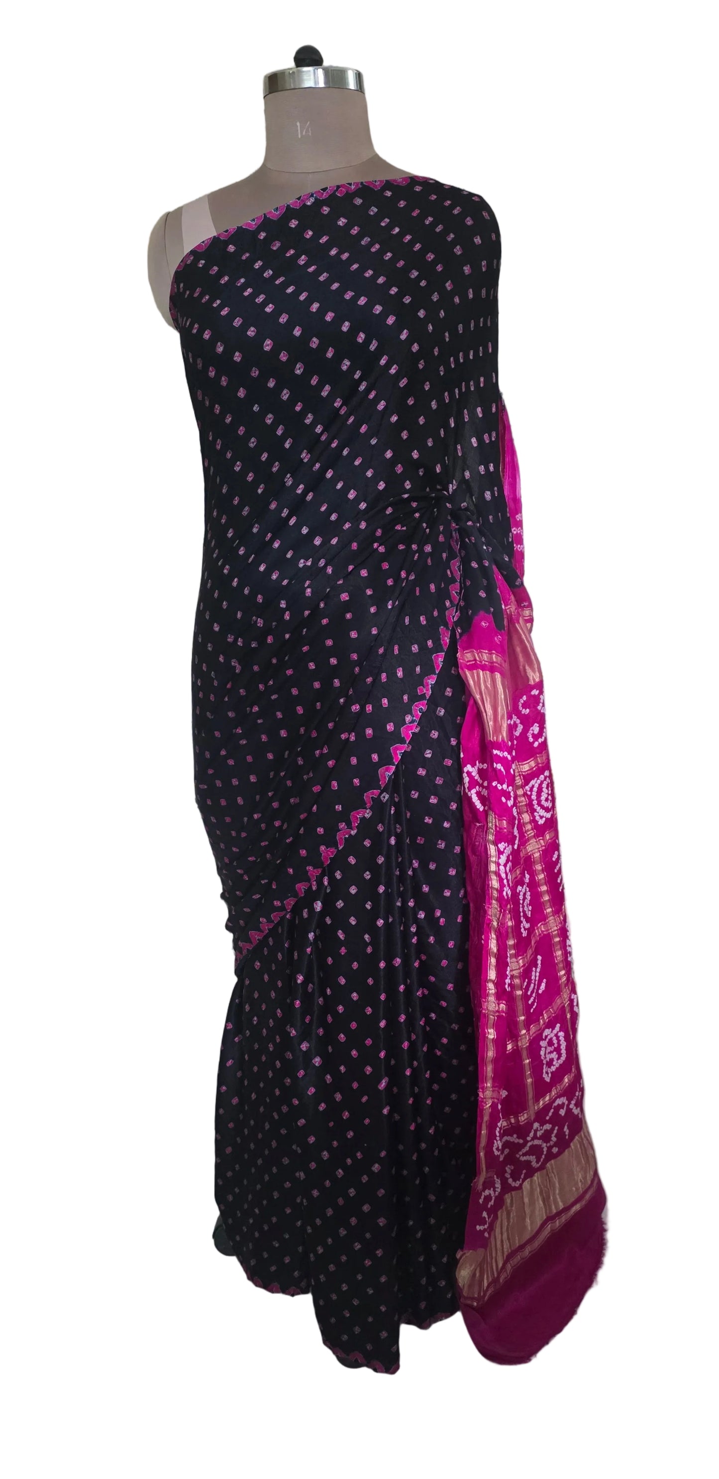 Pure Gajji Silk Black saree with Bandhej Badhani Gharchola work