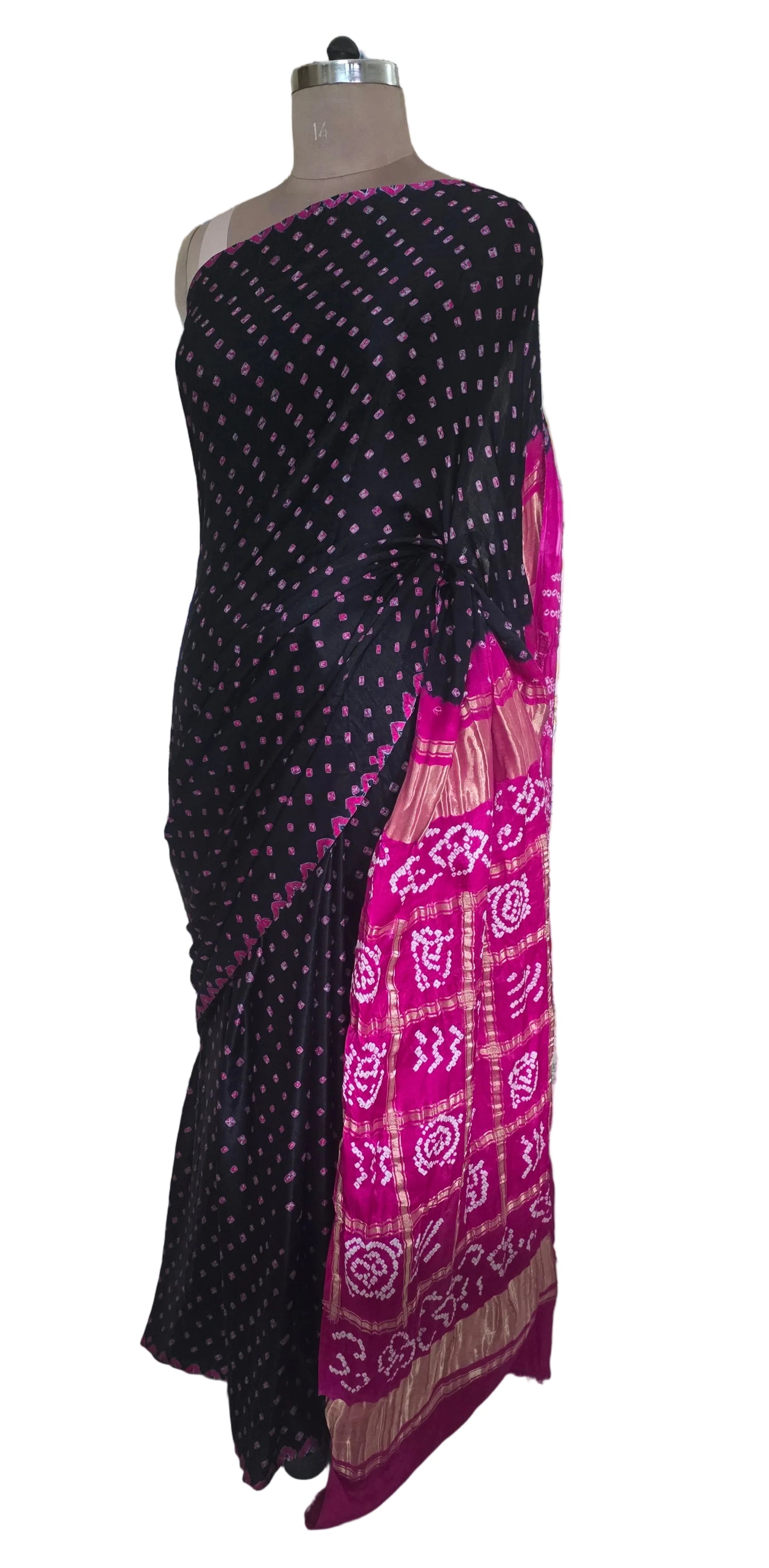 Pure Gajji Silk Black saree with Bandhej Badhani Gharchola work