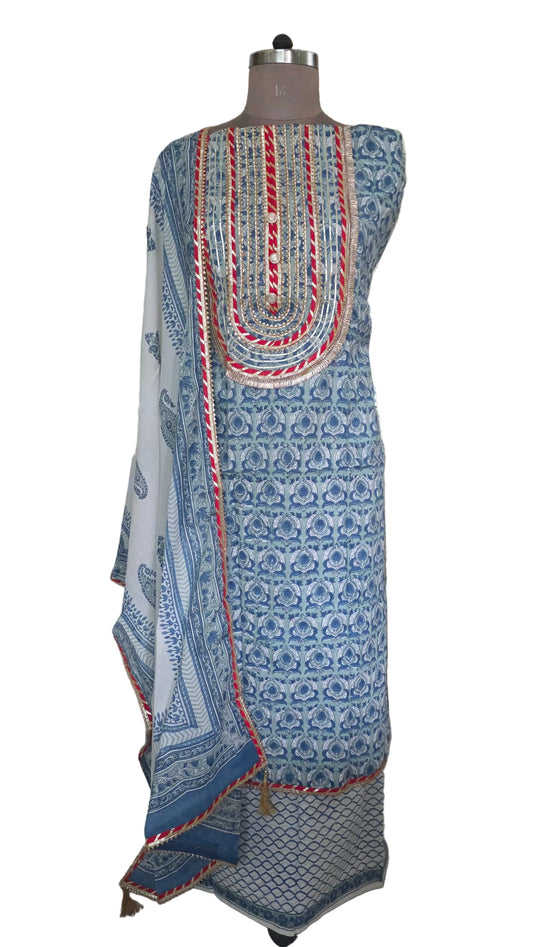 Blue Cotton Hand Block Printed Suit with Gotta Patti work Unstitched Dress Material