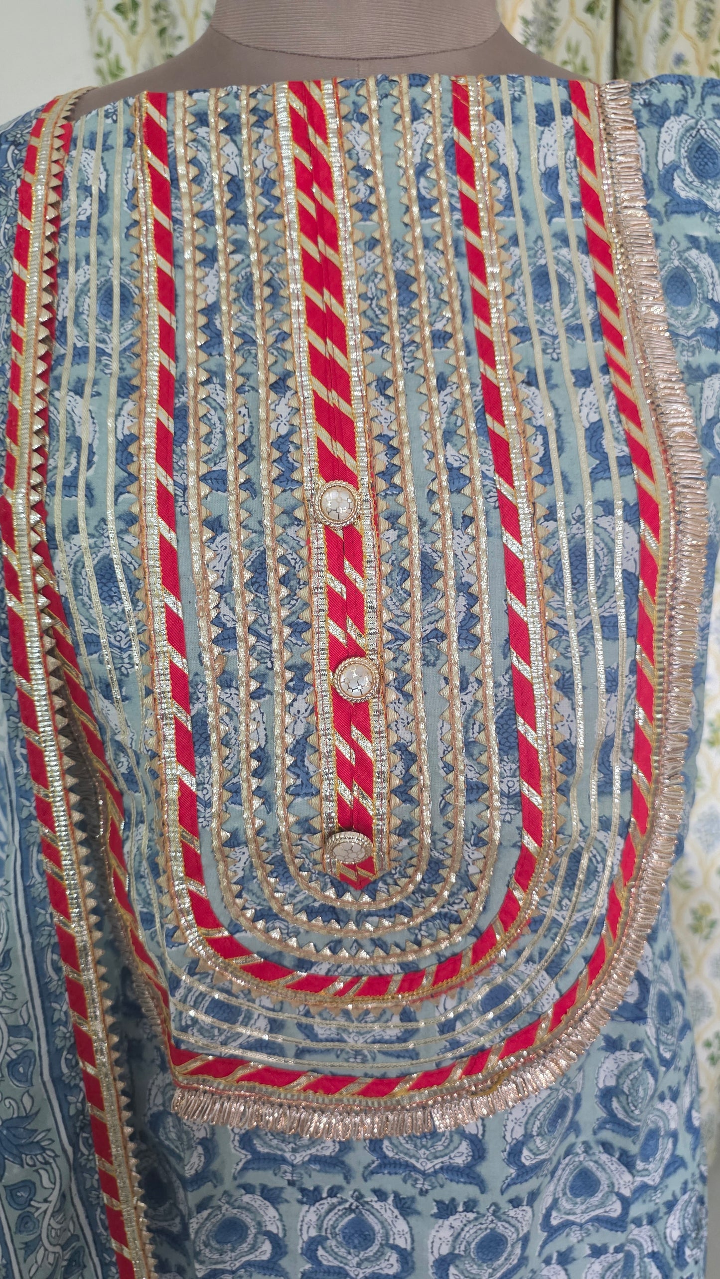 Blue Cotton Hand Block Printed Suit with Gotta Patti work Unstitched Dress Material