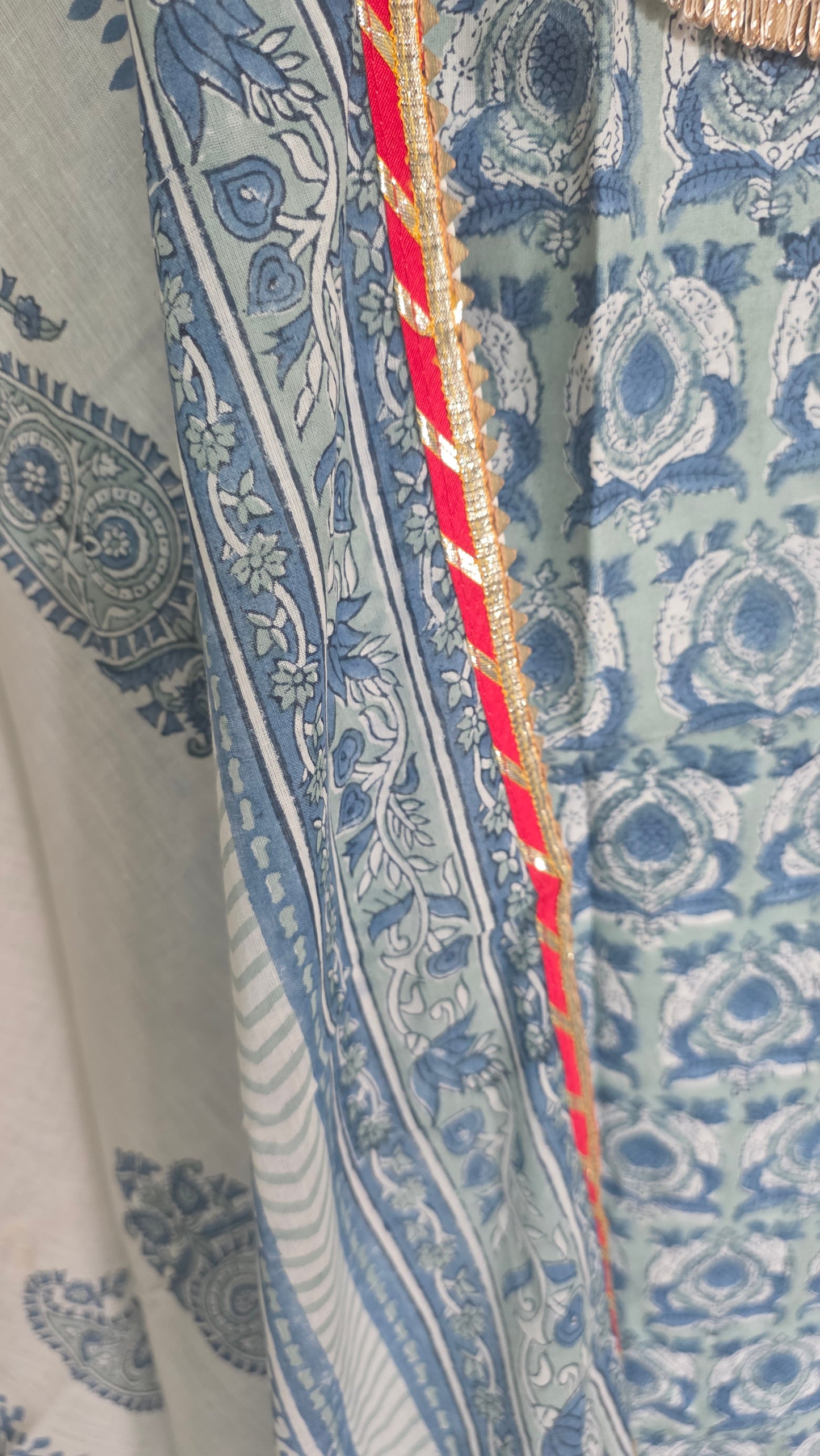 Blue Cotton Hand Block Printed Suit with Gotta Patti work Unstitched Dress Material