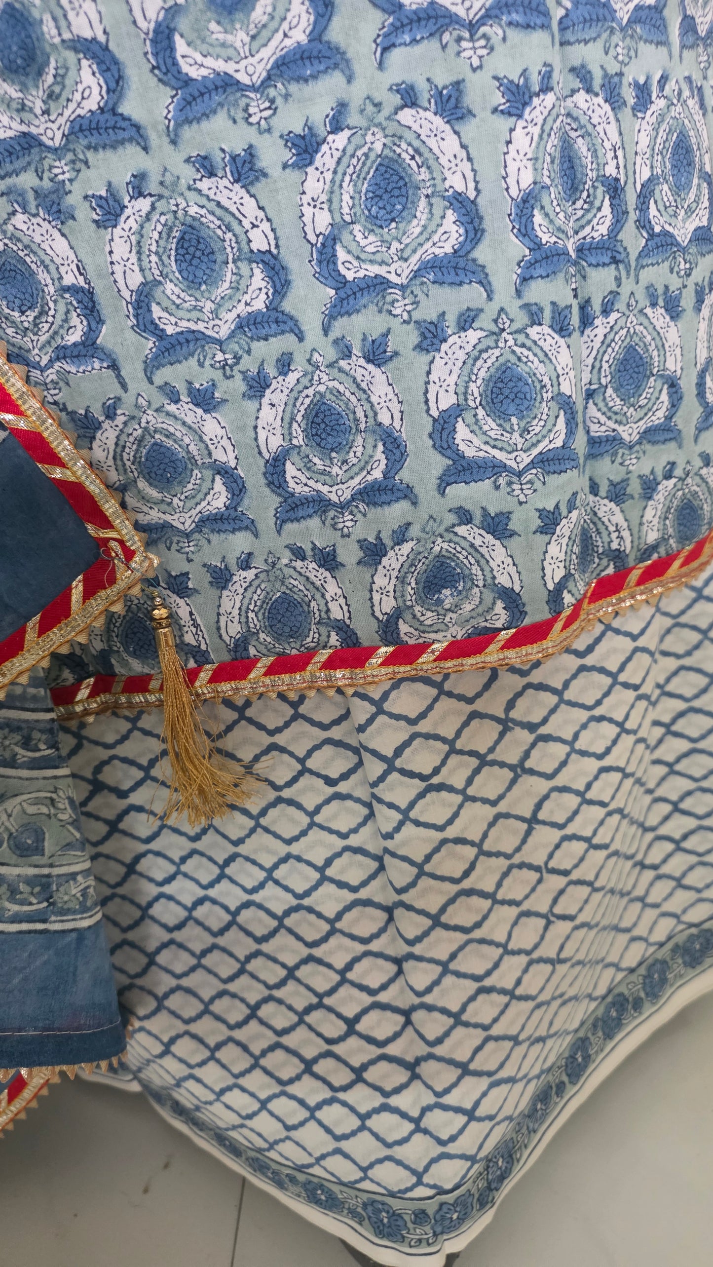 Blue Cotton Hand Block Printed Suit with Gotta Patti work Unstitched Dress Material