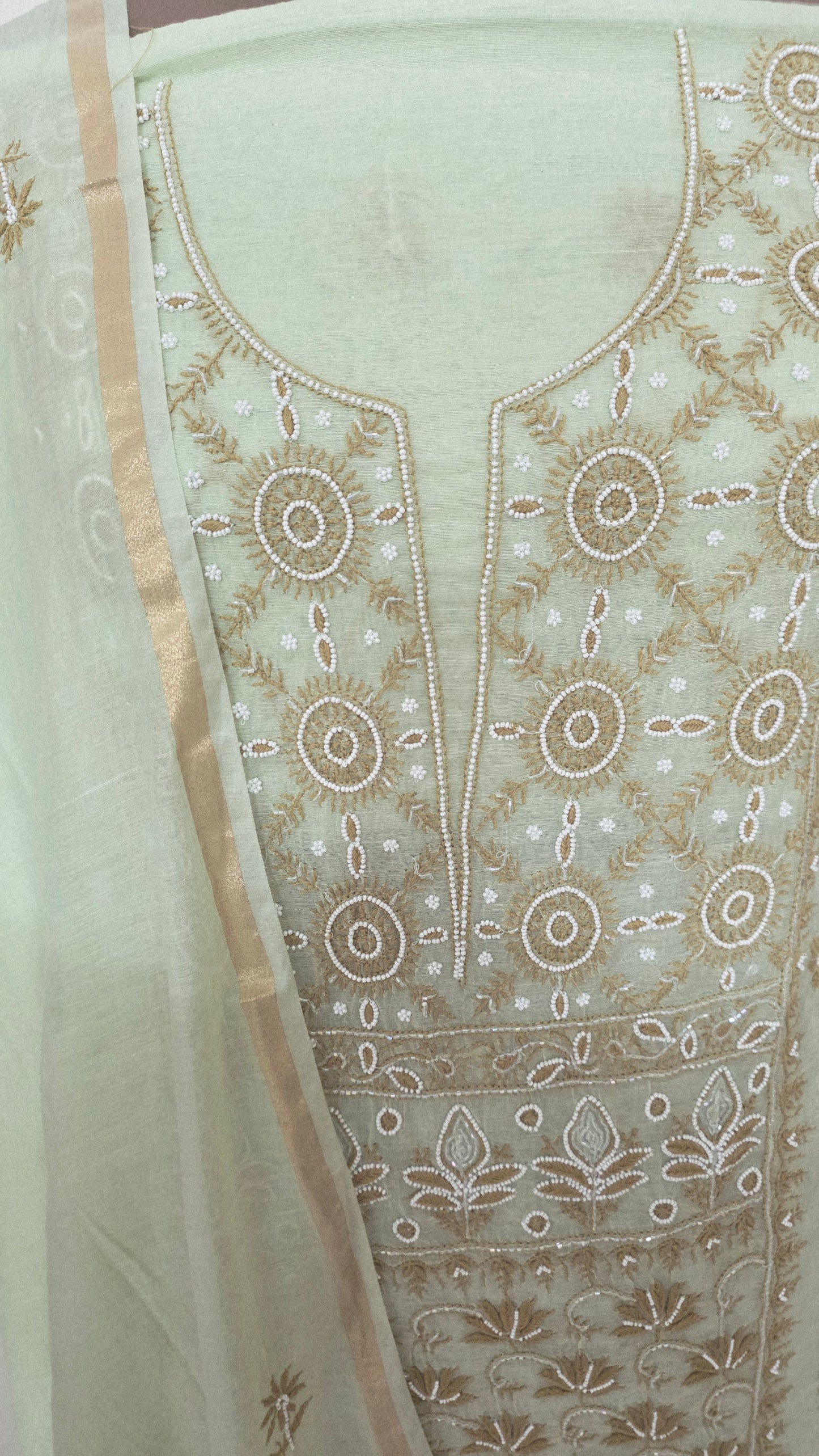Light Green Mul Chanderi Chikankari Two piece Suit Dress Material