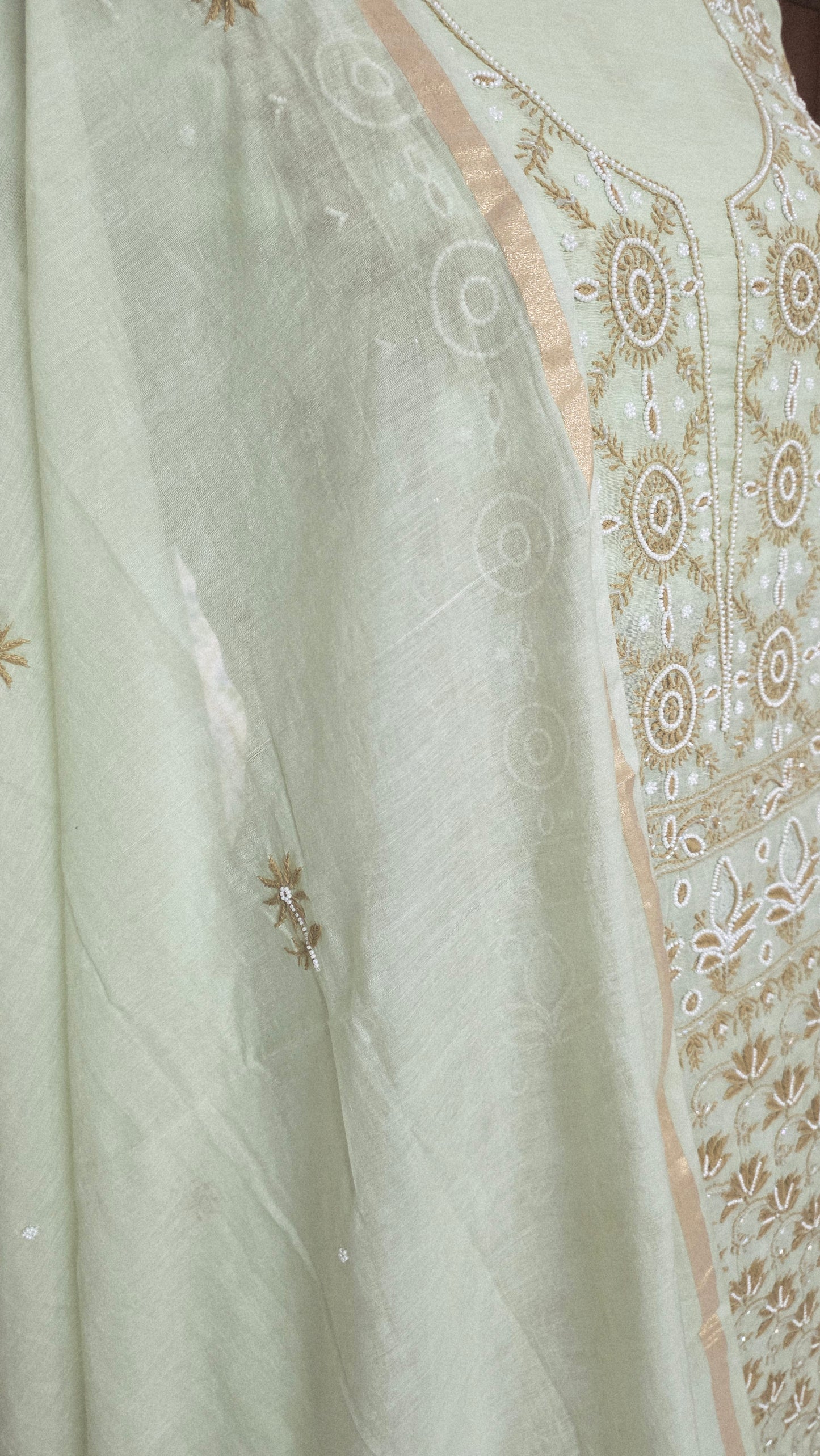 Light Green Mul Chanderi Chikankari Two piece Suit Dress Material