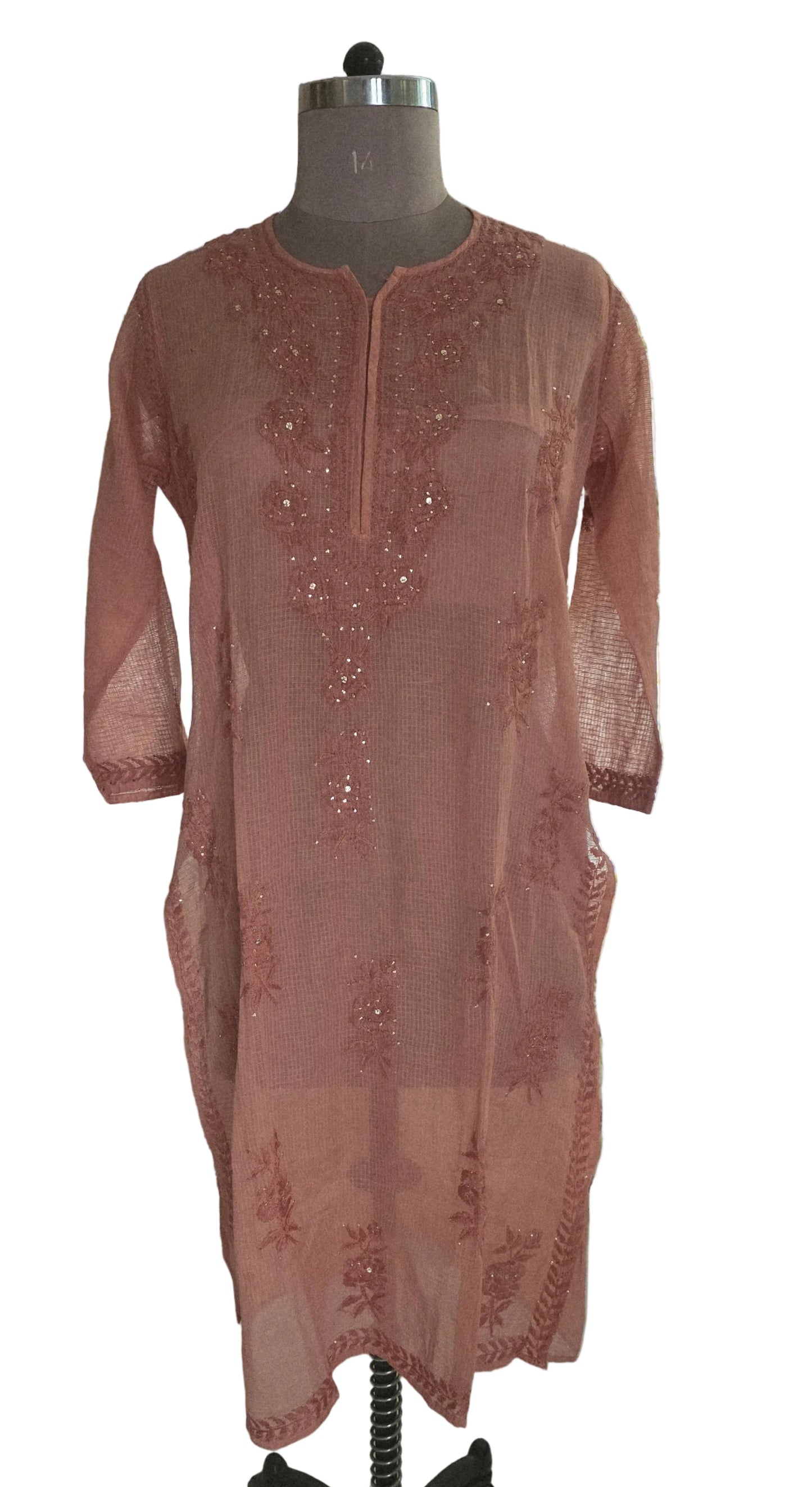 Designer Brown Chikankari Kota Cotton Mukesh Work Kurti (Free size upto 44)