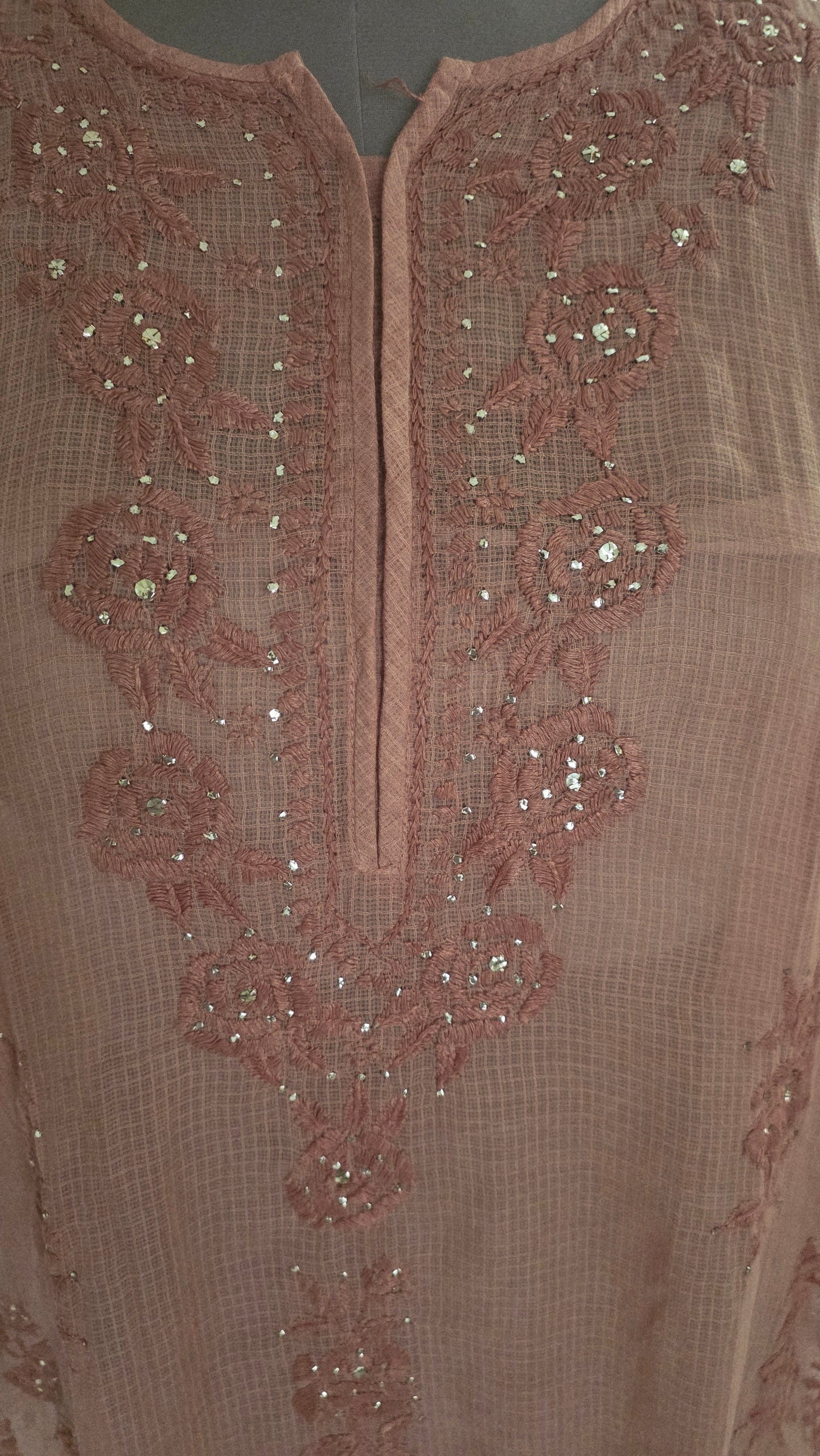 Designer Brown Chikankari Kota Cotton Mukesh Work Kurti (Free size upto 44)