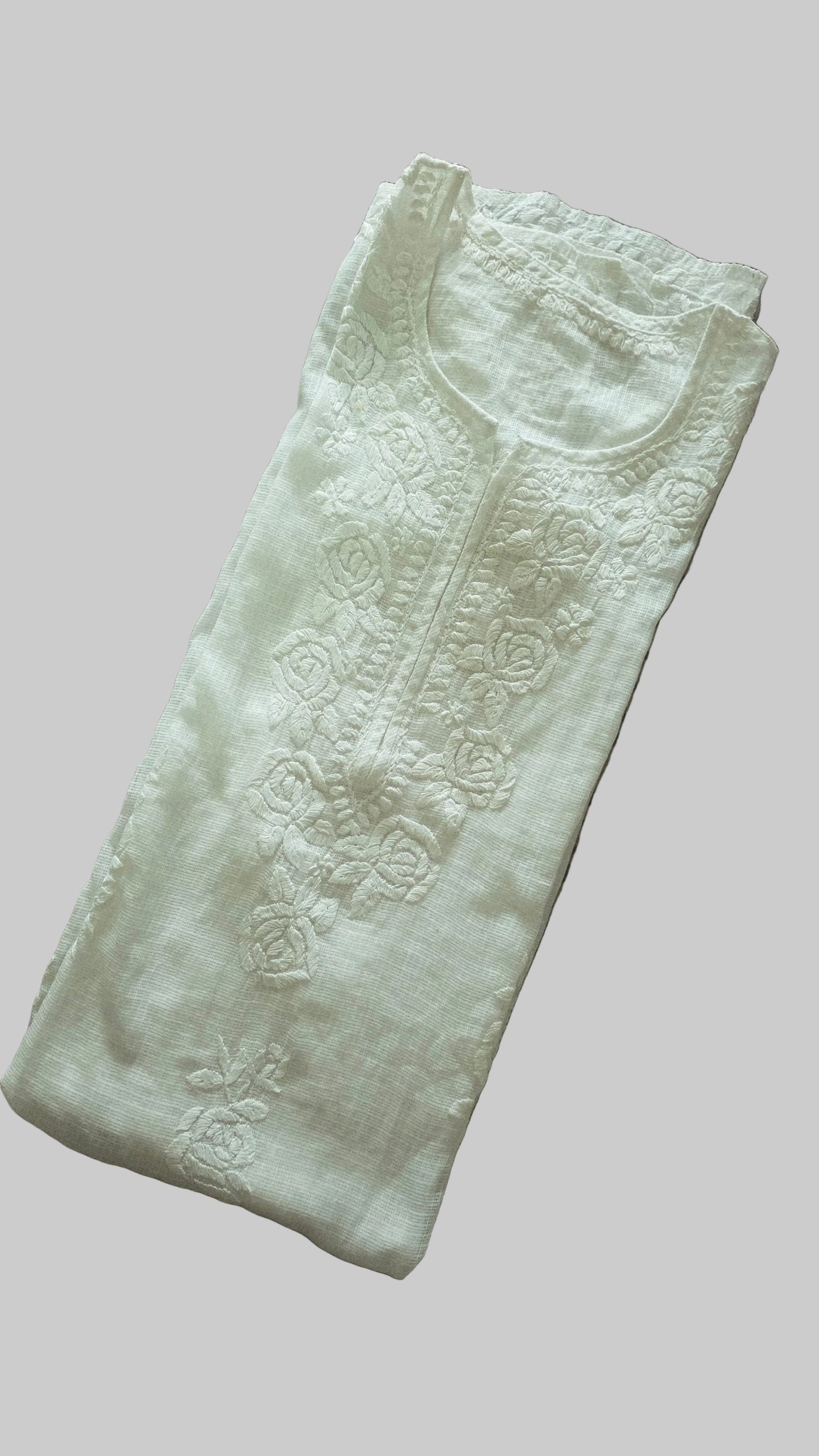 Designer White Chikankari Kota Cotton Hand Work Kurti (Free size upto 42)