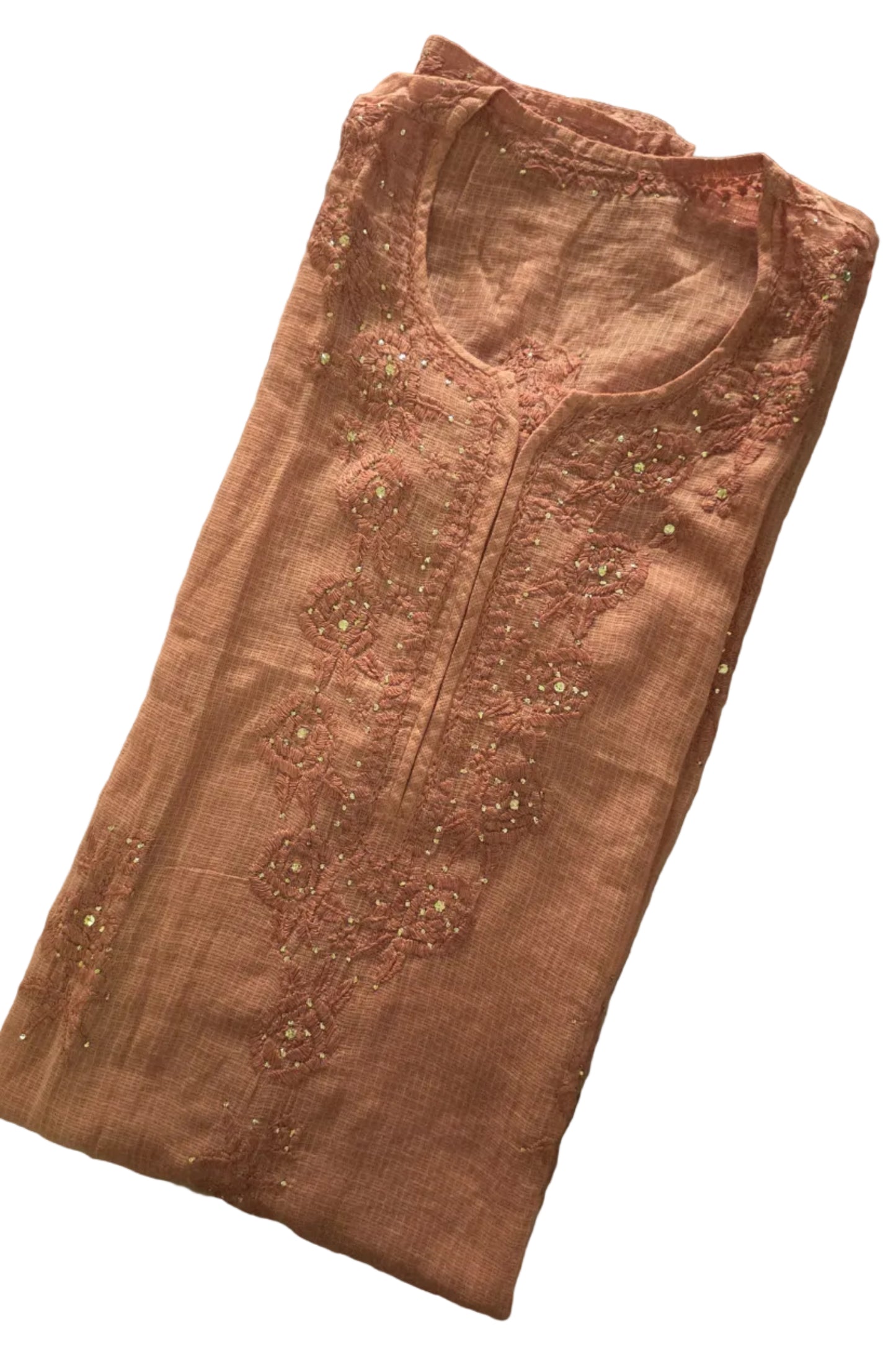 Designer Brown Chikankari Kota Cotton Mukesh Work Kurti (Free size upto 44)