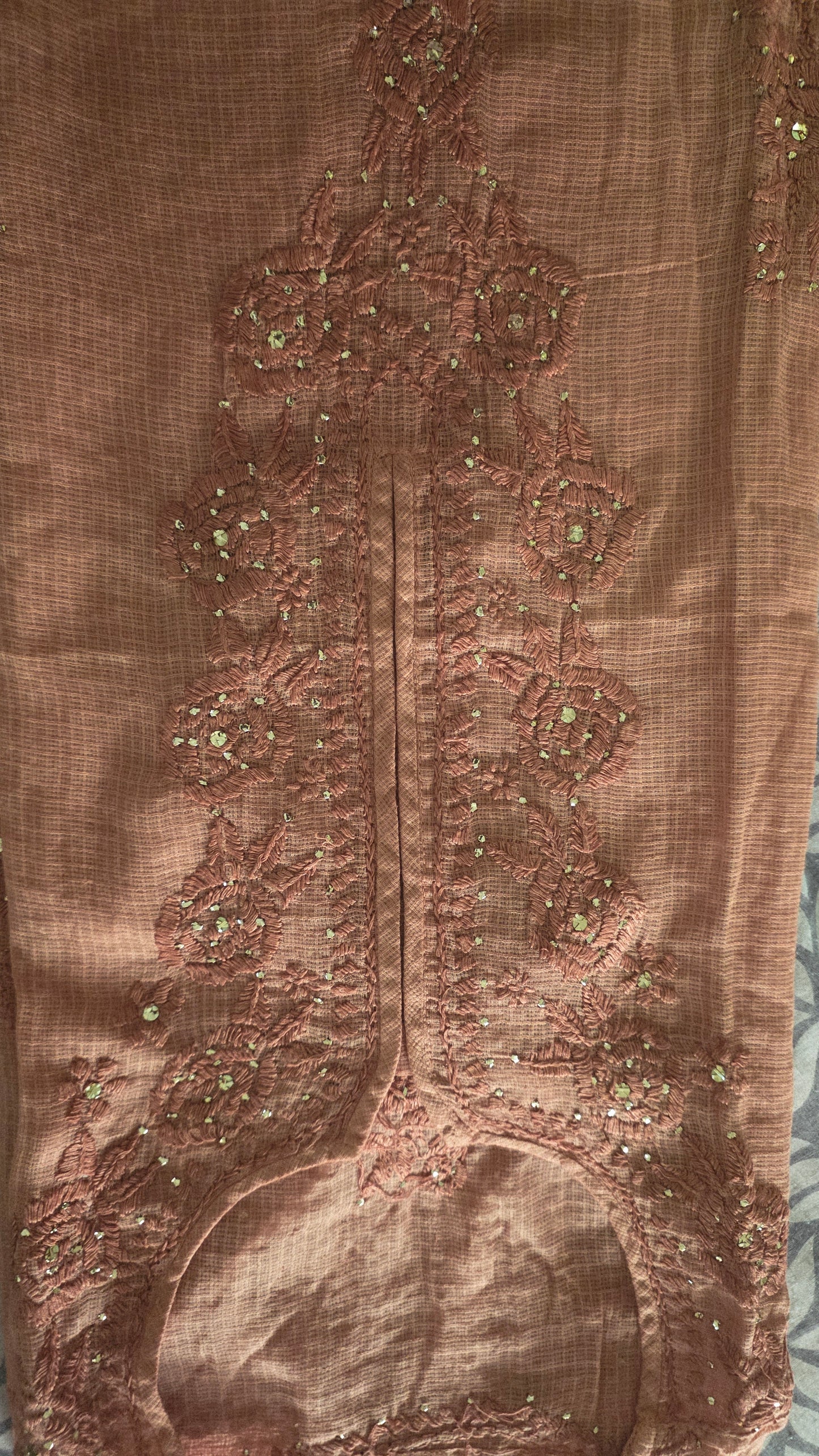 Designer Brown Chikankari Kota Cotton Mukesh Work Kurti (Free size upto 44)