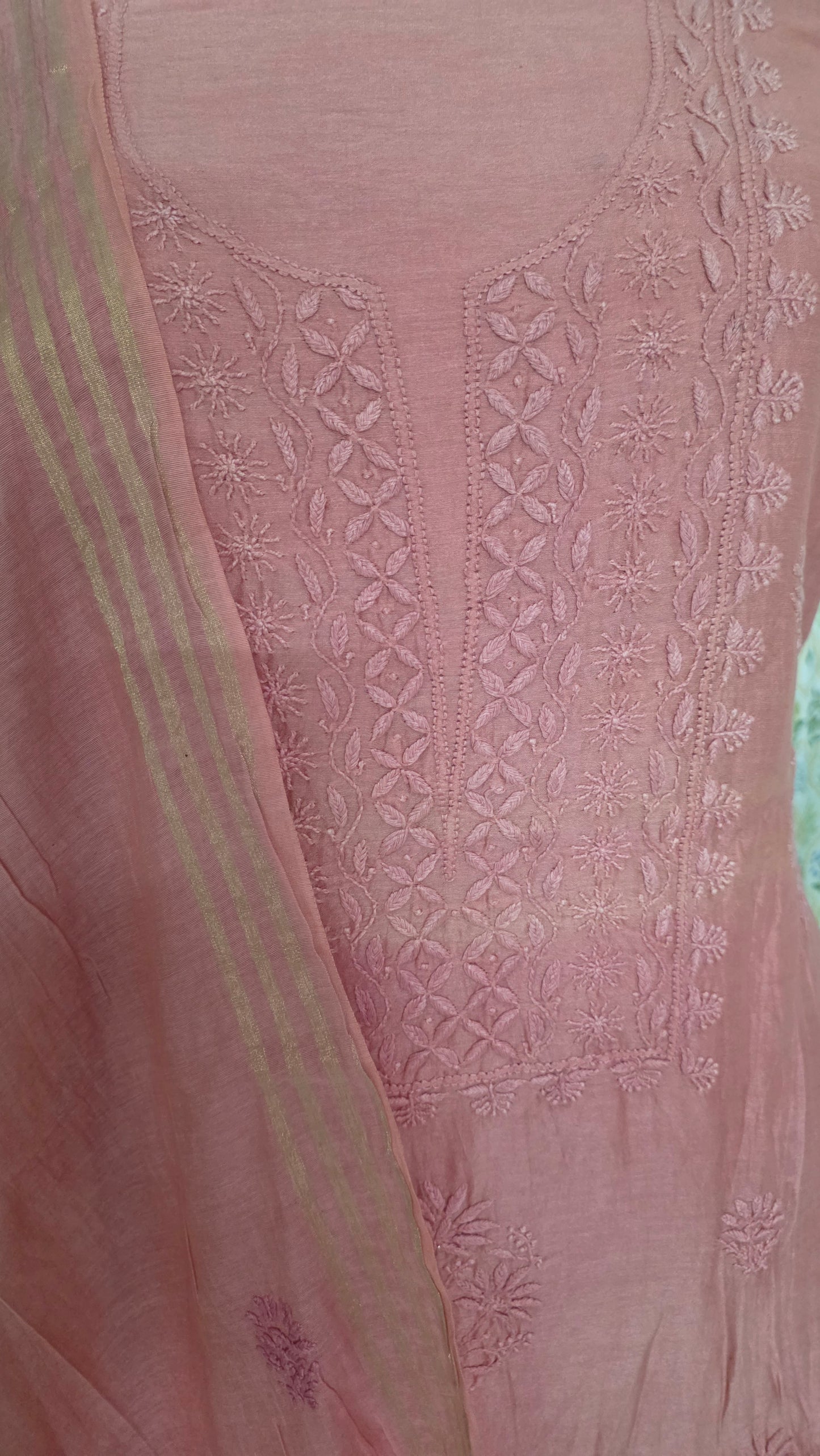 Peachy Pink Mul Chanderi Chikankari Two piece Suit Dress Material