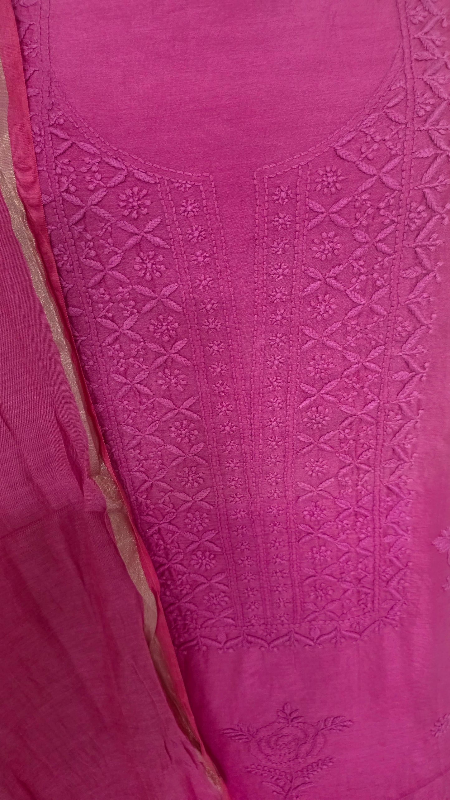 Magenta Pink Mul Chanderi Chikankari Two piece Suit Dress Material