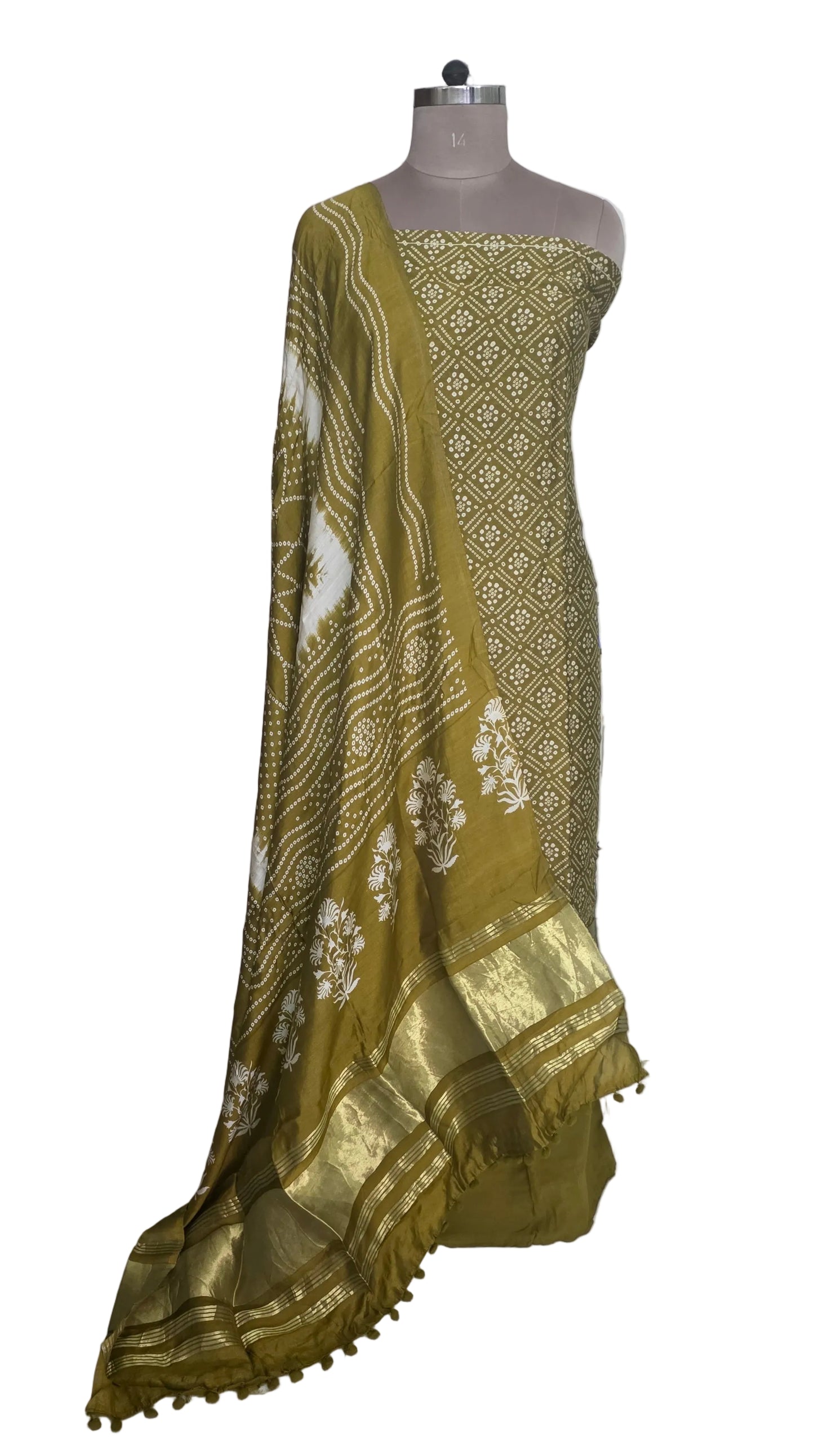 Green Bandhej Bandhani Printed Faux crepe Lagdi Patta Suit Dress Material