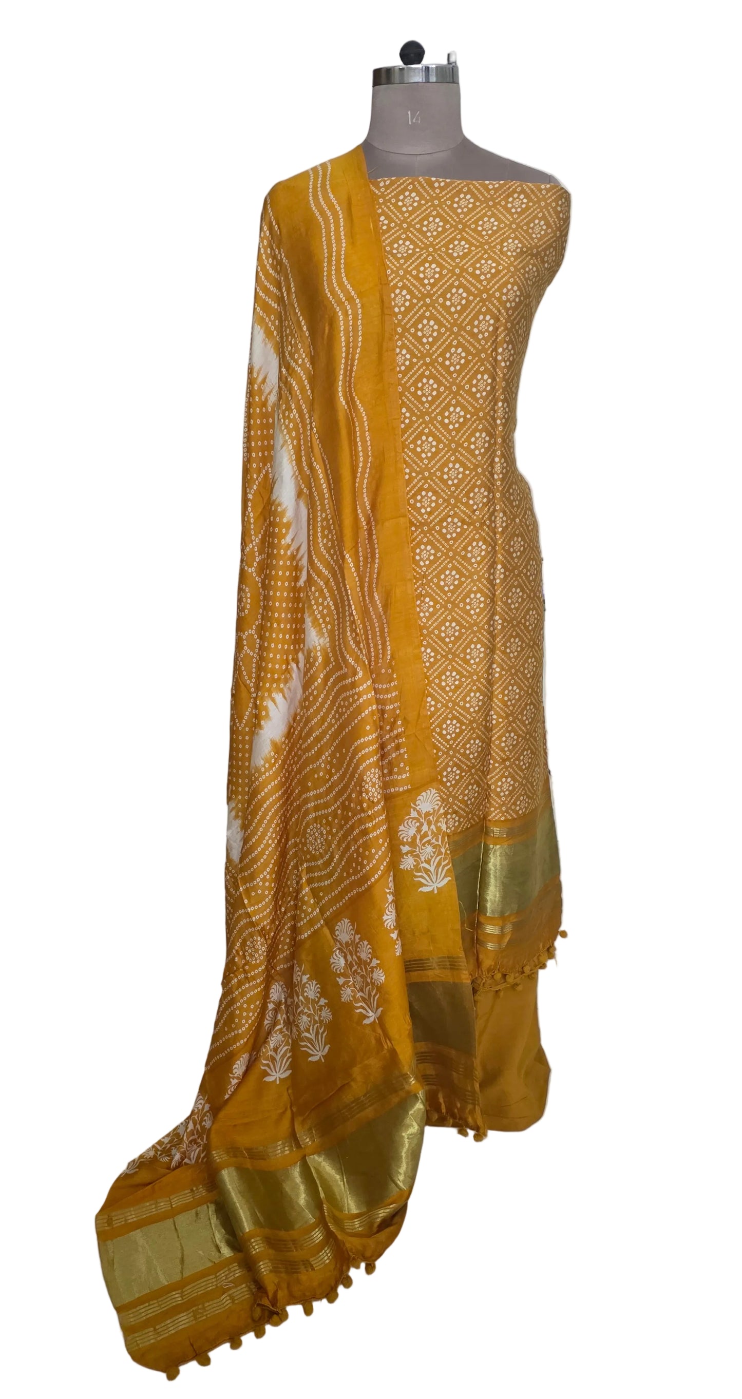 Yellow Bandhej Bandhani Printed Faux crepe Lagdi Patta Suit Dress Material