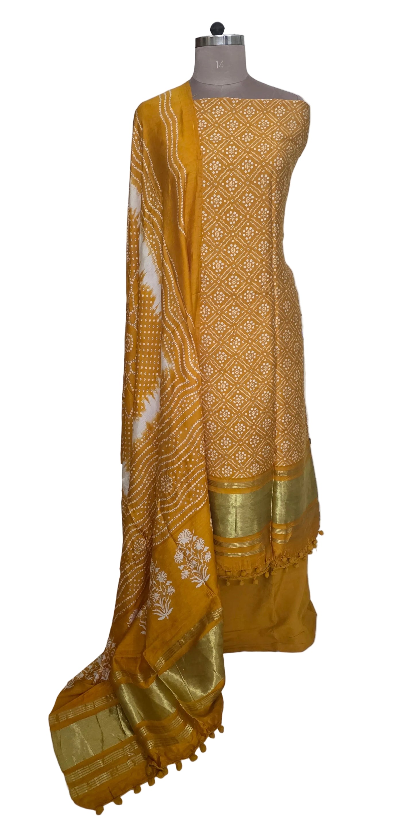 Yellow Bandhej Bandhani Printed Faux crepe Lagdi Patta Suit Dress Material