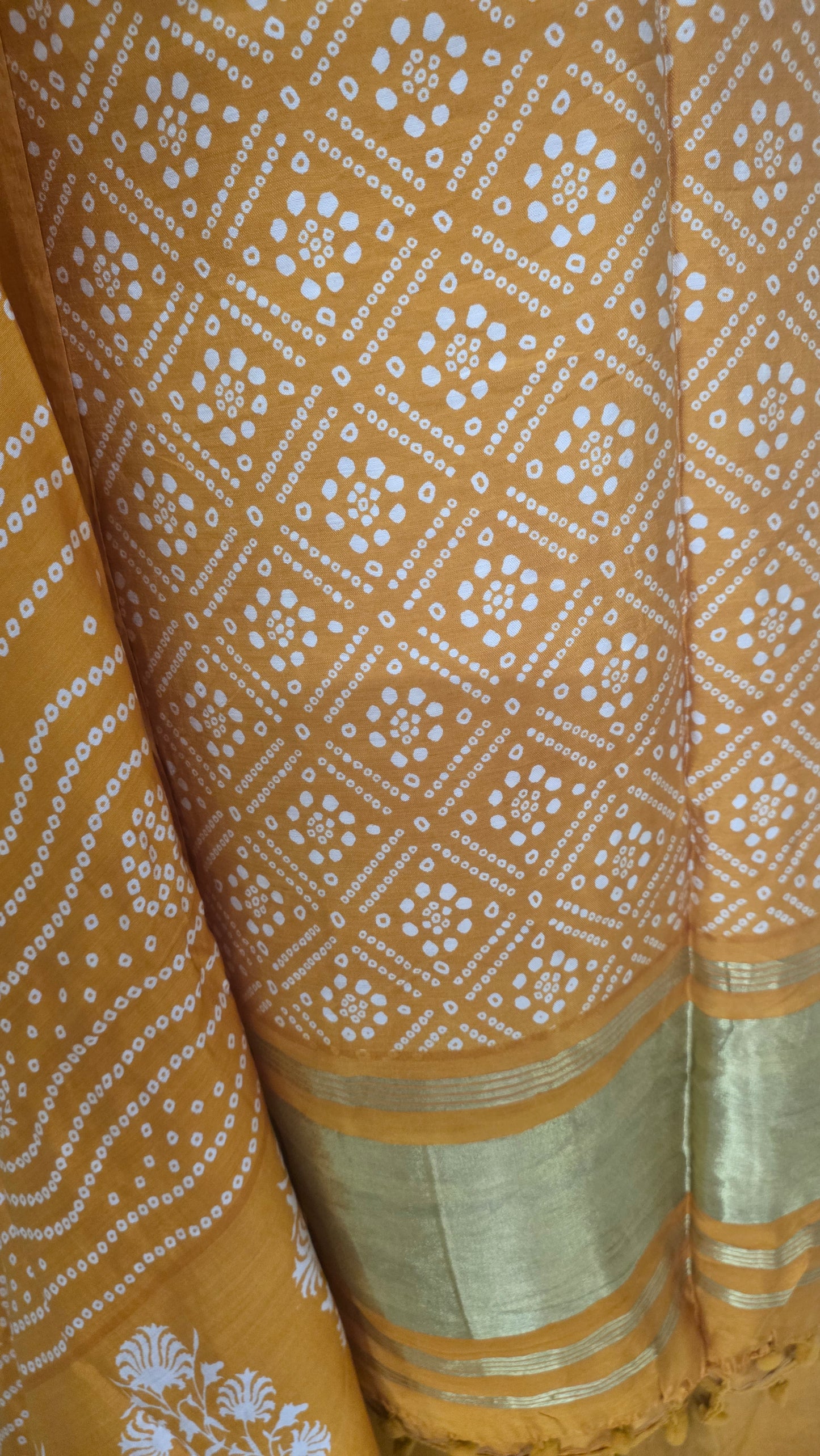 Yellow Bandhej Bandhani Printed Faux crepe Lagdi Patta Suit Dress Material