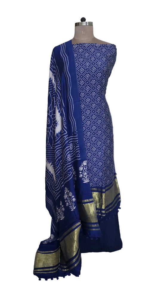 Blue Bandhej Bandhani Printed Faux crepe Lagdi Patta Suit Dress Material